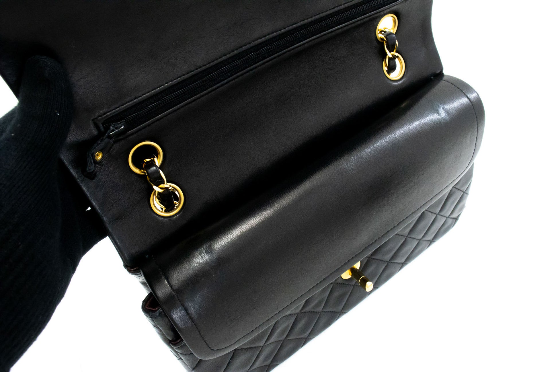 CHANEL Classic Double Flap 10" Chain Schultertasche Schwarz Lammleder aj8 hannari-shop