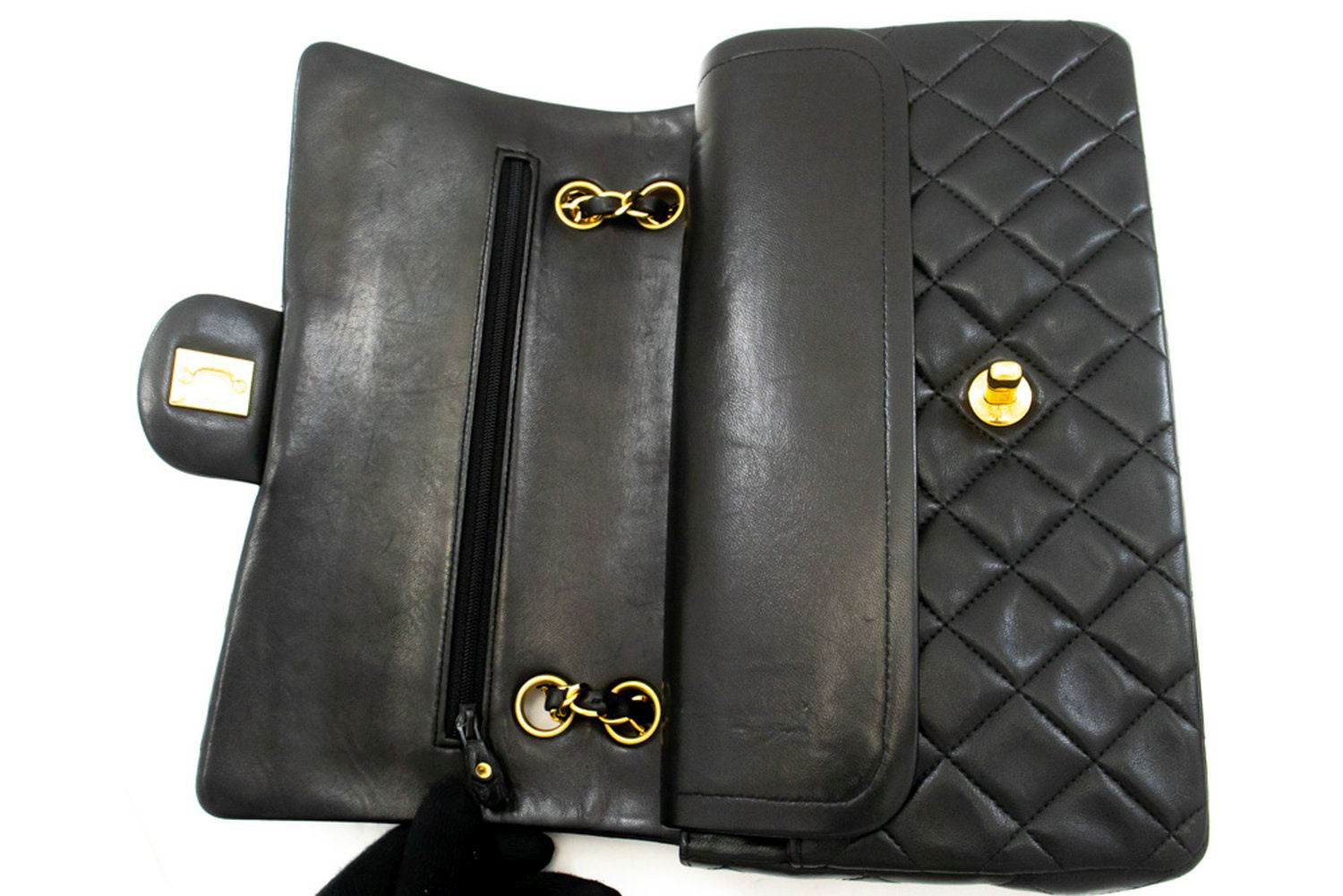 CHANEL Classic Double Flap 10" Chain Schultertasche Schwarz Lammleder aj8 hannari-shop