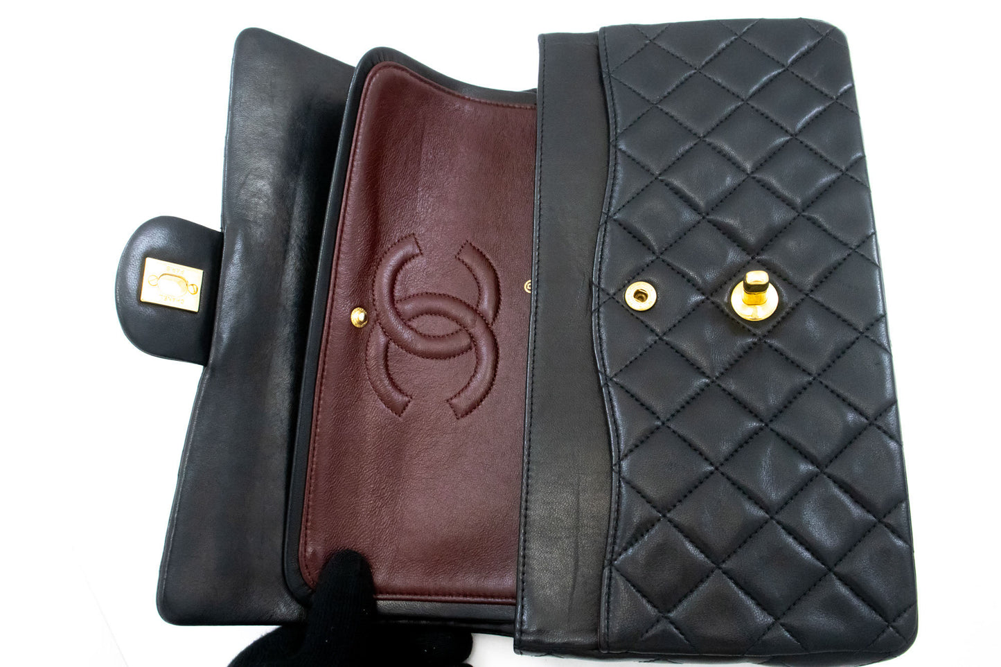 CHANEL Classic Double Flap 10" Chain Schultertasche Schwarz Lammleder aj8 hannari-shop