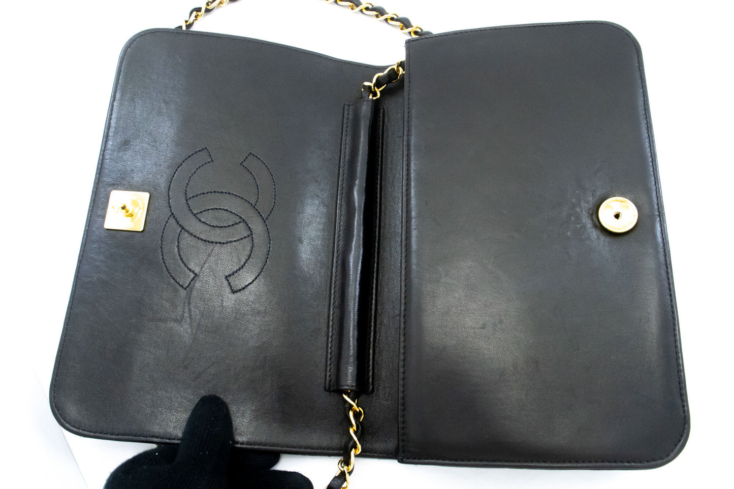 CHANEL Full Flap Chain Shoulder Bag Clutch Black Quilted Lambskin ak1 hannari-shop