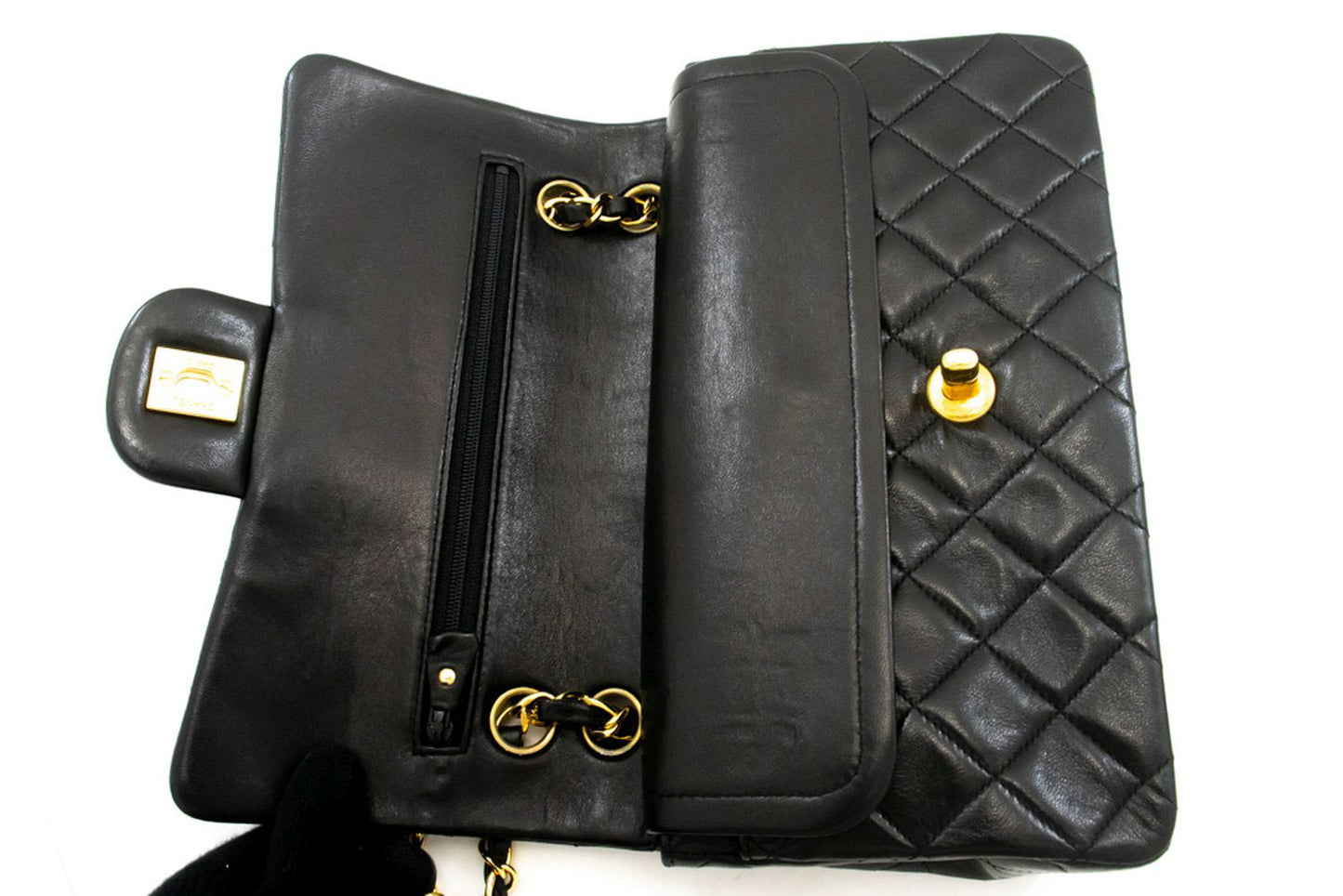 CHANEL Classic Double Flap 9" Chain Shoulder Bag Black Lambskin aj7 hannari-shop