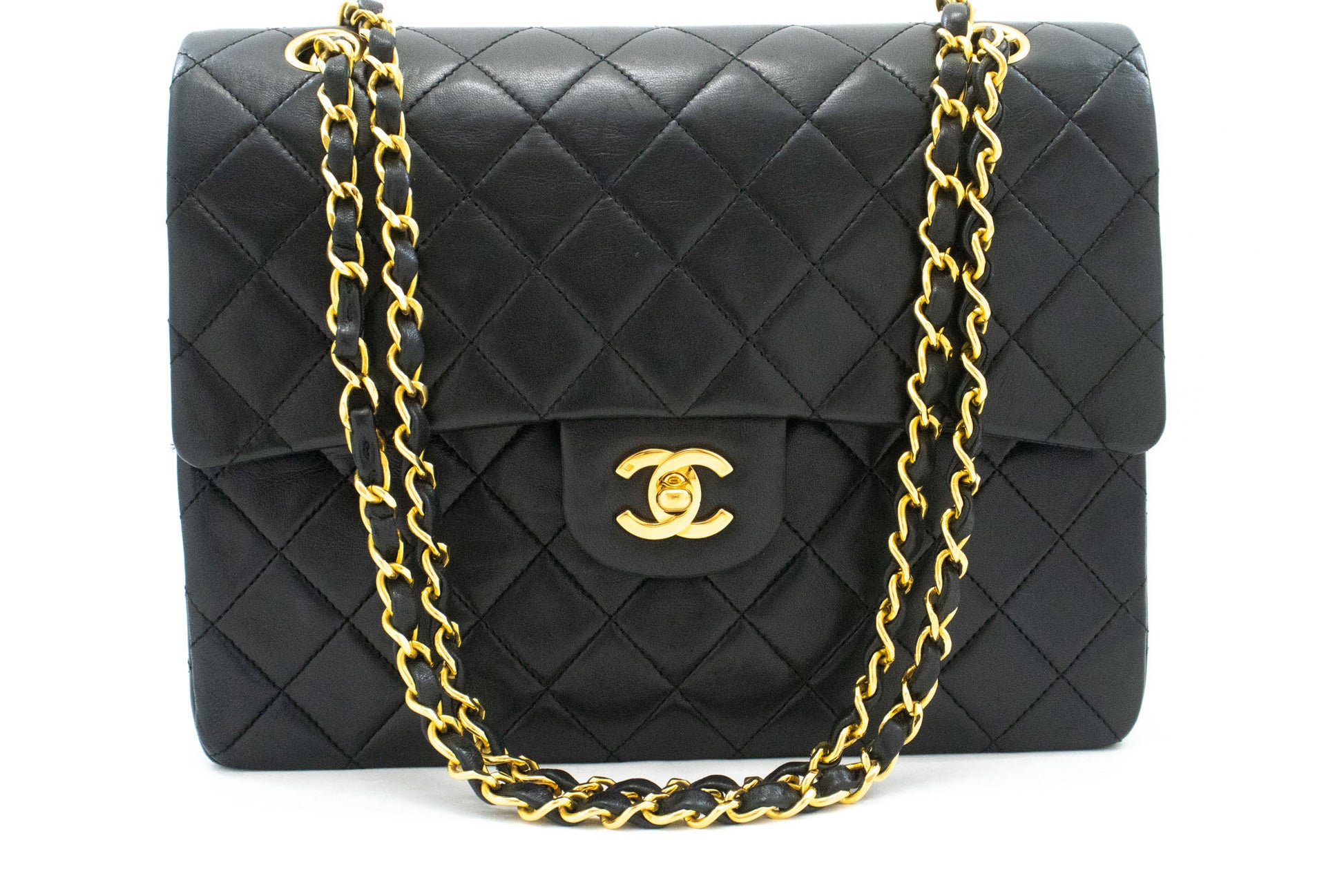 CHANEL Classic Double Flap Square Chain Shoulder Bag Black Lamb ah5 hannari-shop