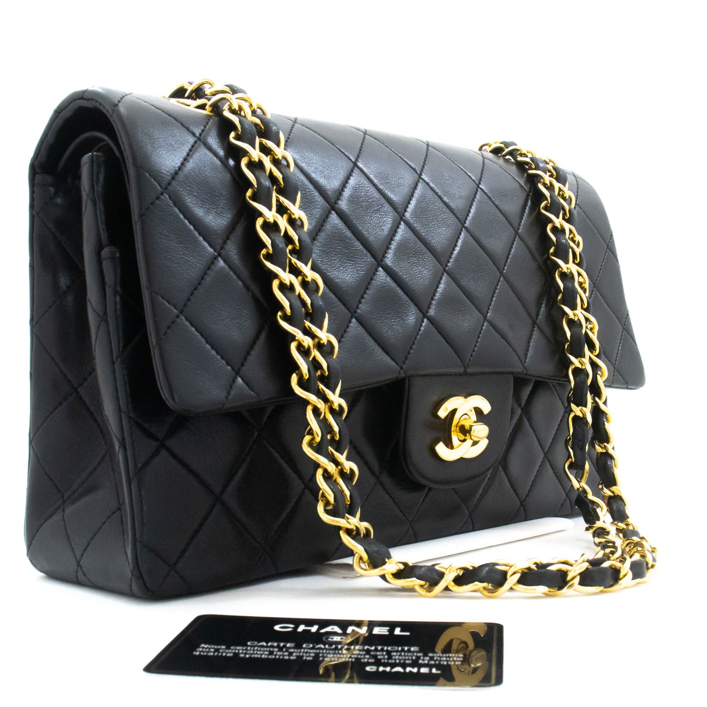 CHANEL Classic Double Flap 10" Kettenschultertasche Schwarz Lammleder aj9 hannari-shop