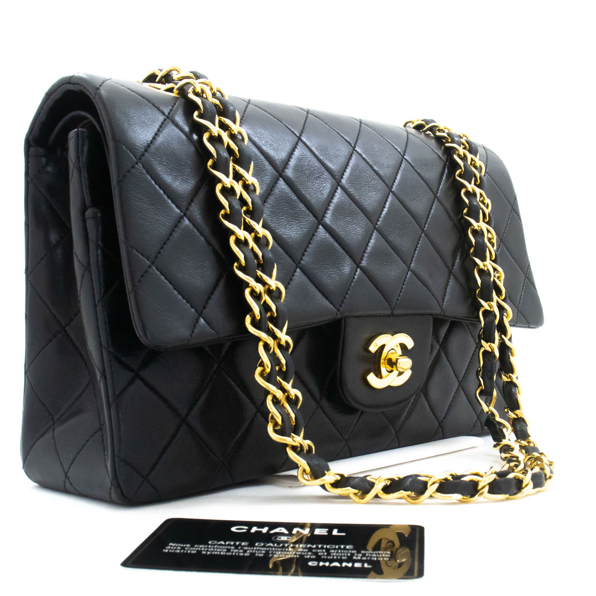 CHANEL Classic Double Flap 10" Kettenschultertasche Schwarz Lammleder aj9 hannari-shop