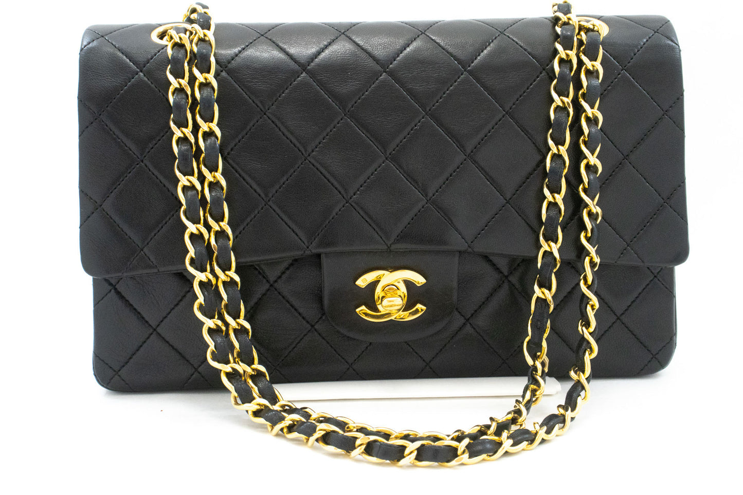CHANEL Classic Double Flap 10" Kettenschultertasche Schwarz Lammleder aj9 hannari-shop