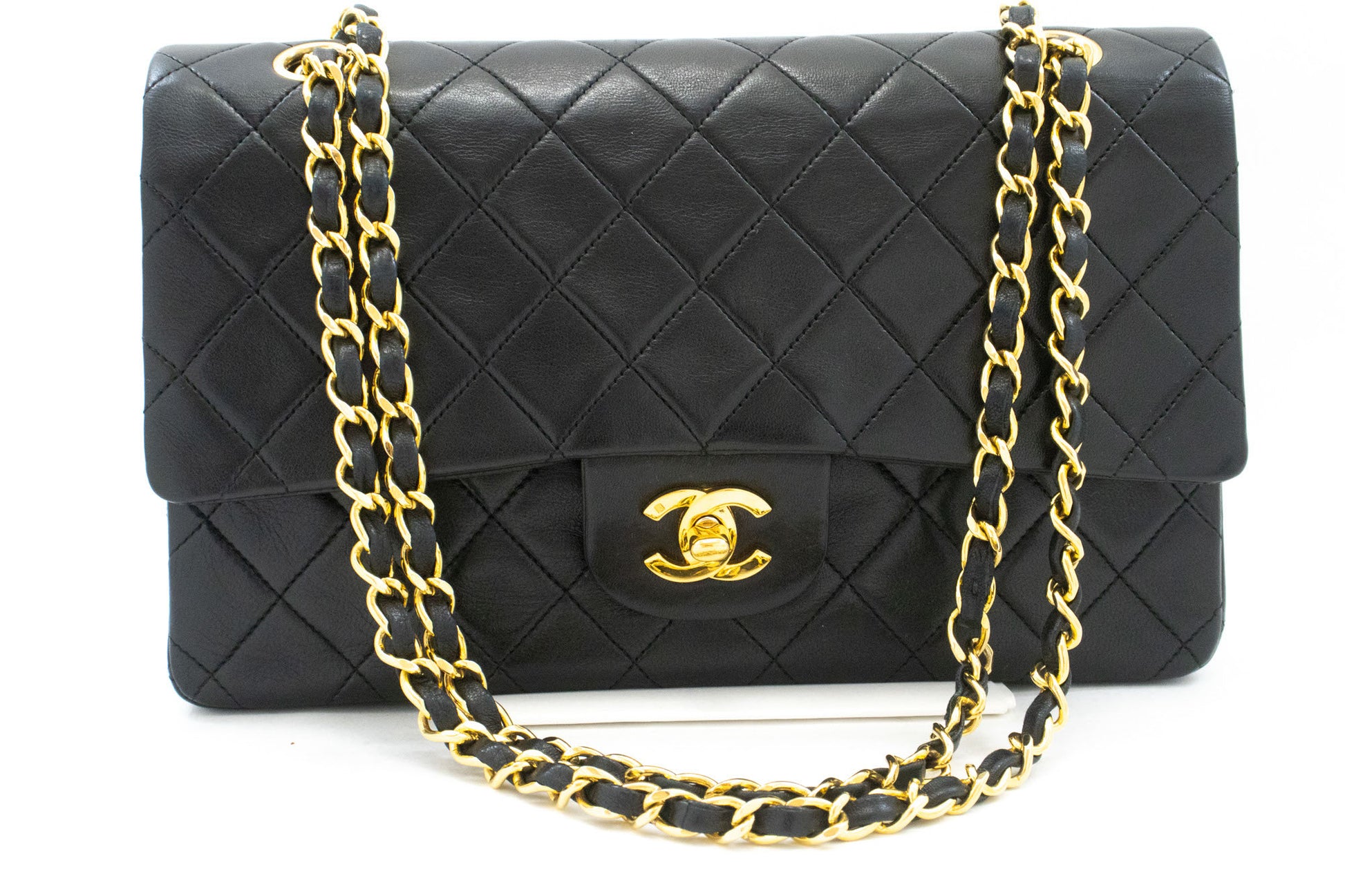 CHANEL Classic Double Flap 10" Kettenschultertasche Schwarz Lammleder aj9 hannari-shop