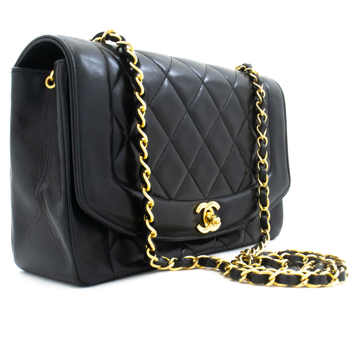 CHANEL Diana Flap Chain Schultertasche Schwarz Gepolstertes Lammleder ak2 hannari-shop