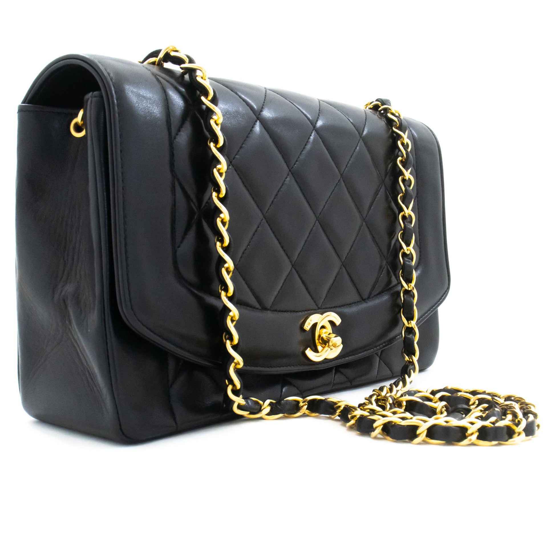 CHANEL Diana Flap Chain Schultertasche Schwarz Gepolstertes Lammleder ak2 hannari-shop