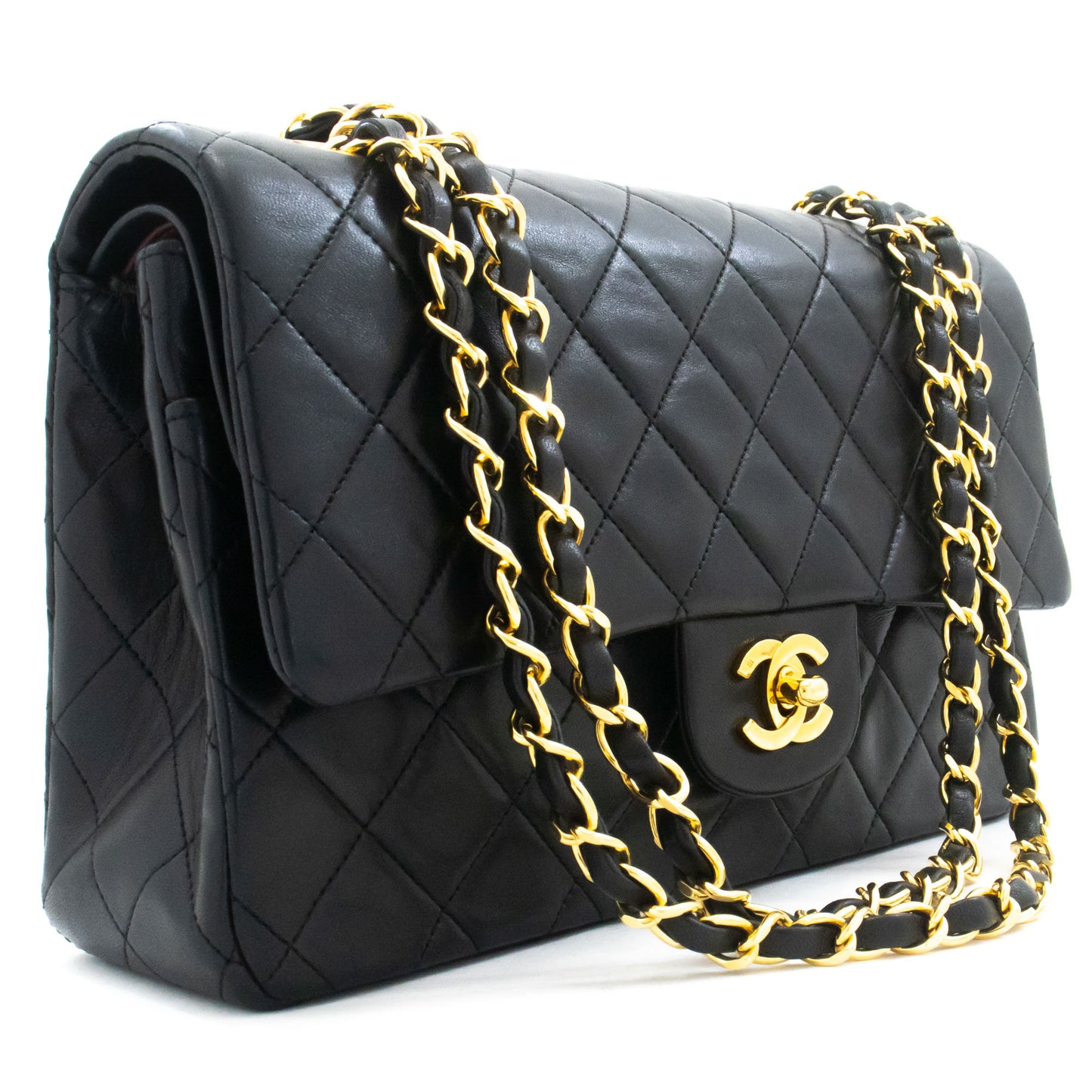 CHANEL Classic Double Flap 10" Kettenschultertasche Schwarz Lammleder ak3 hannari-shop