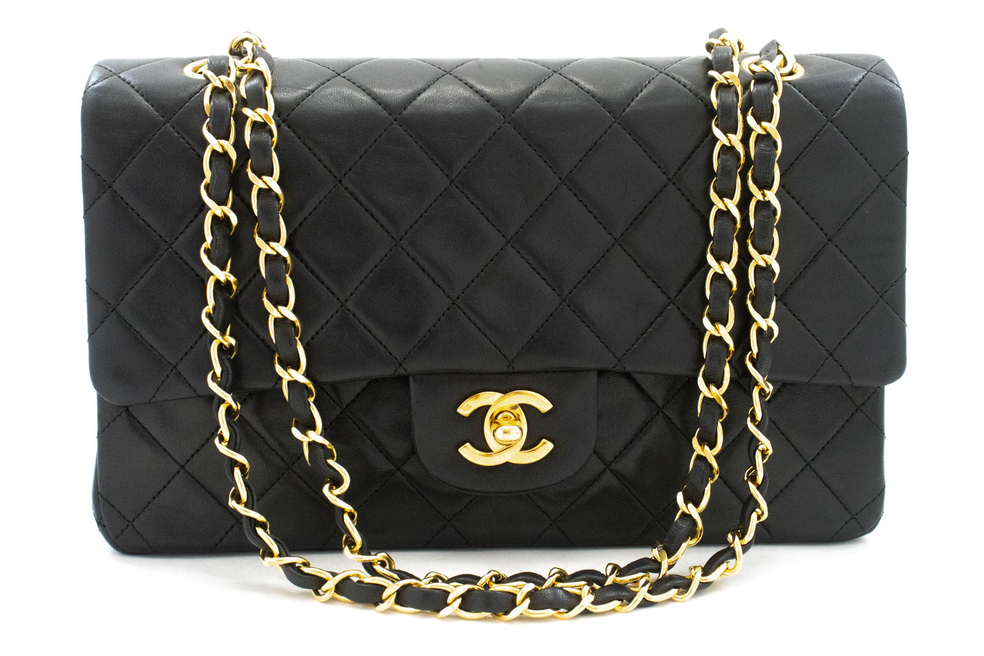 CHANEL Classic Double Flap 10" Kettenschultertasche Schwarz Lammleder ak3 hannari-shop