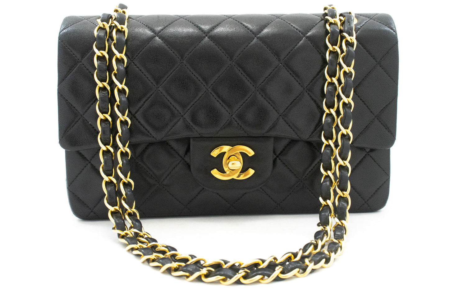 CHANEL Classic Double Flap 9" Kettenschultertasche Schwarz Lammleder aj4 hannari-shop