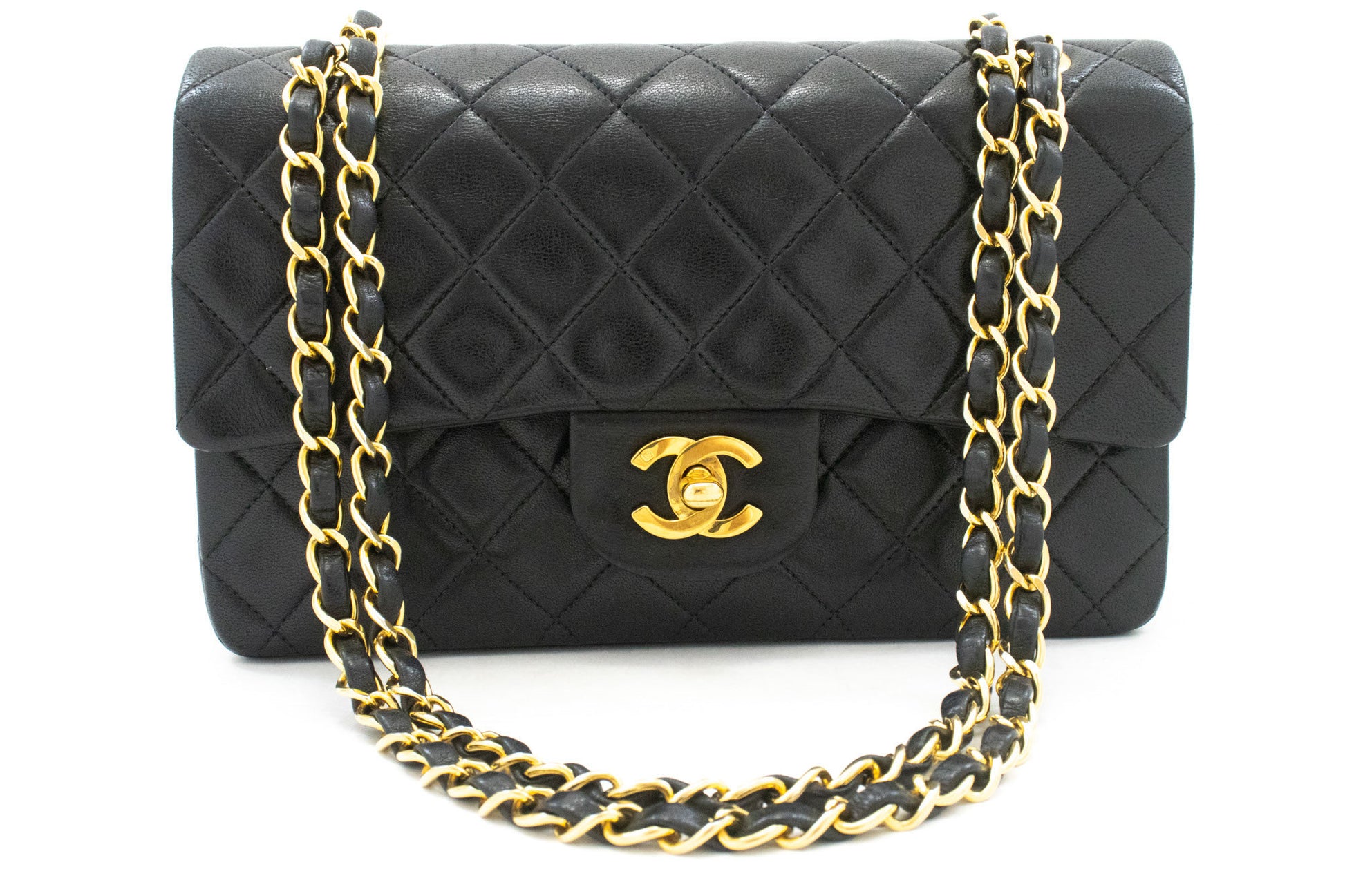 CHANEL Classic Double Flap 9" Kettenschultertasche Schwarz Lammleder aj4 hannari-shop