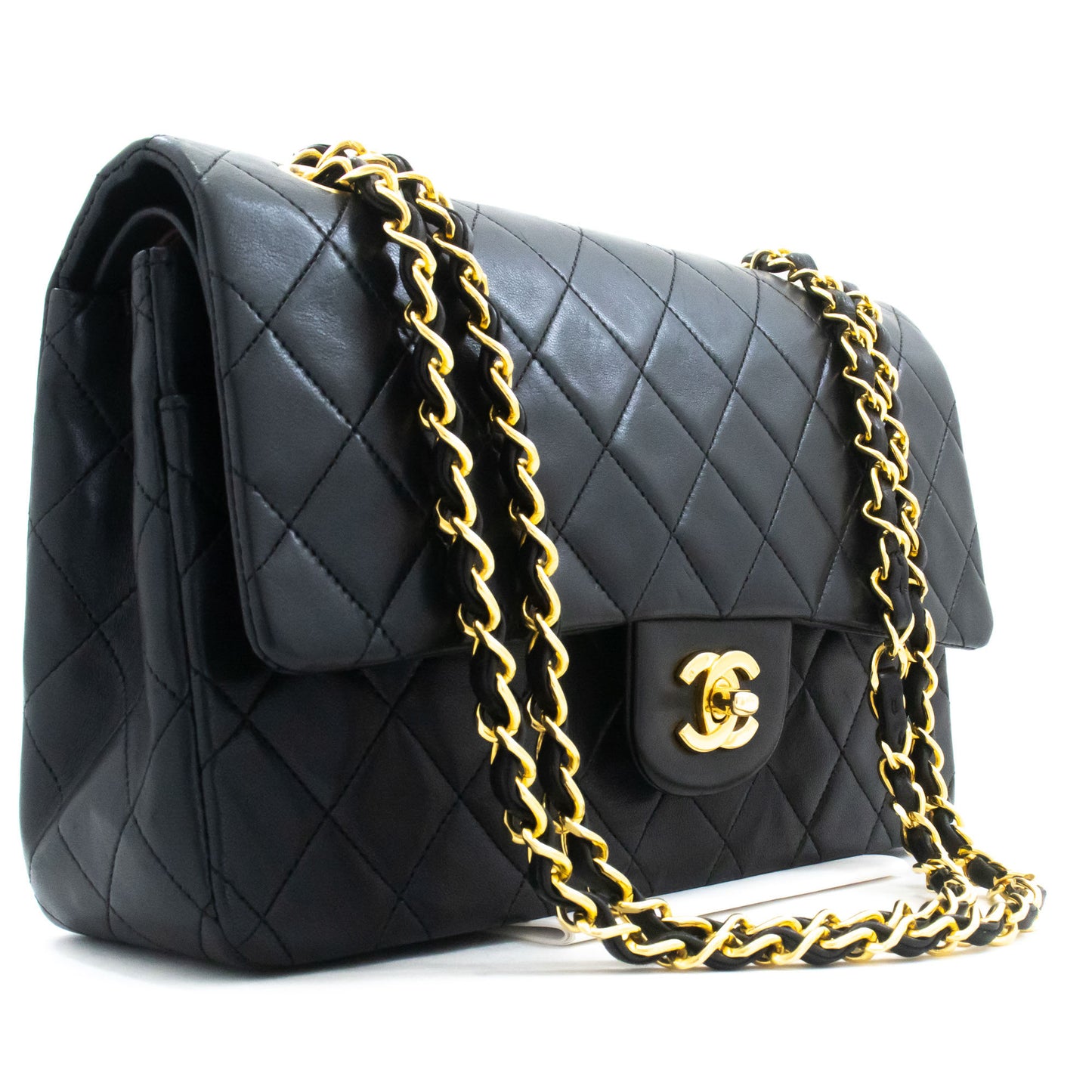 CHANEL Classic Double Flap 10" Kettenschultertasche Schwarz Lammleder aj5 hannari-shop