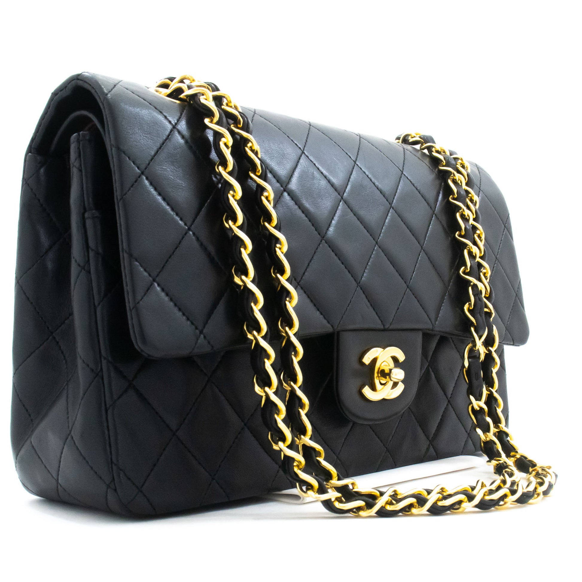 CHANEL Classic Double Flap 10" Kettenschultertasche Schwarz Lammleder aj5 hannari-shop