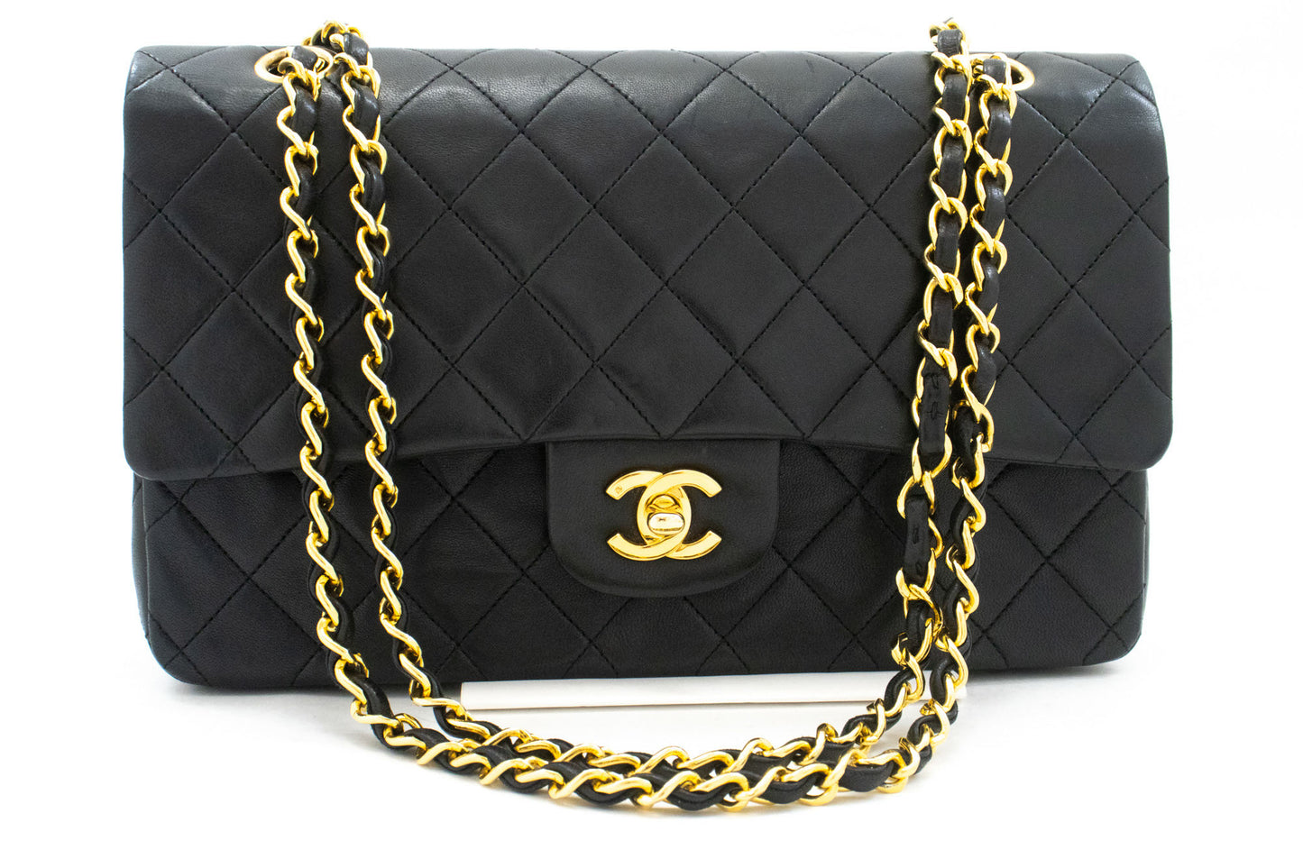 CHANEL Classic Double Flap 10" Kettenschultertasche Schwarz Lammleder aj5 hannari-shop