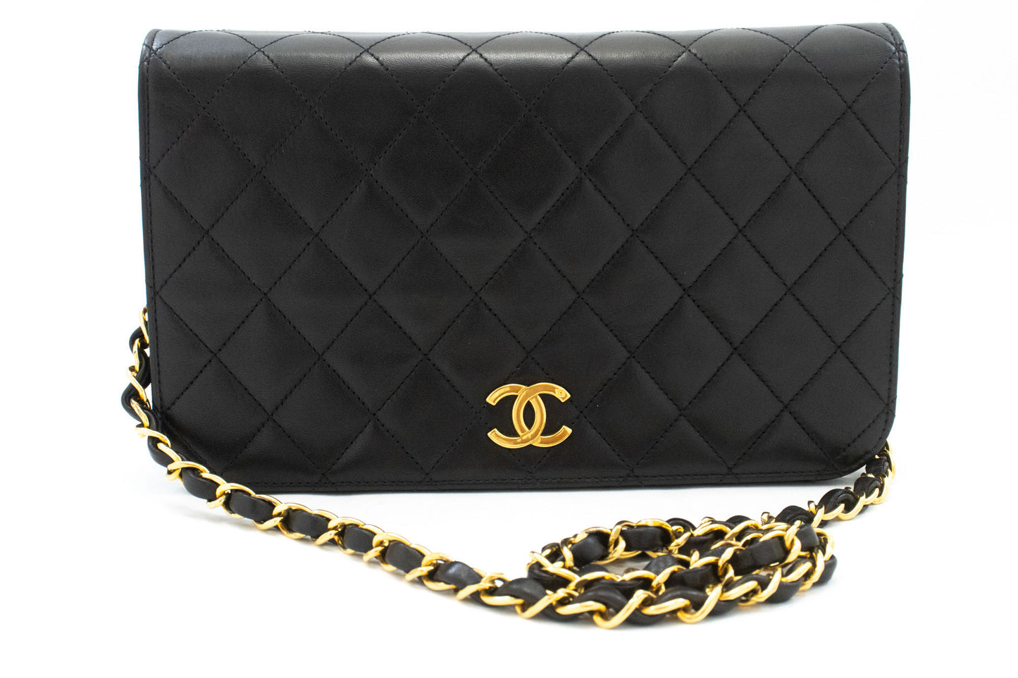 CHANEL Full Flap Chain Shoulder Bag Clutch Black Quilted Lambskin aj6 hannari-shop