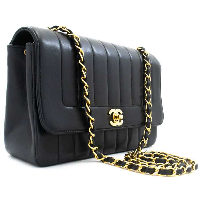 CHANEL Stripe Single Flap Chain Shoulder Bag Black Quilted aj3 hannari-shop
