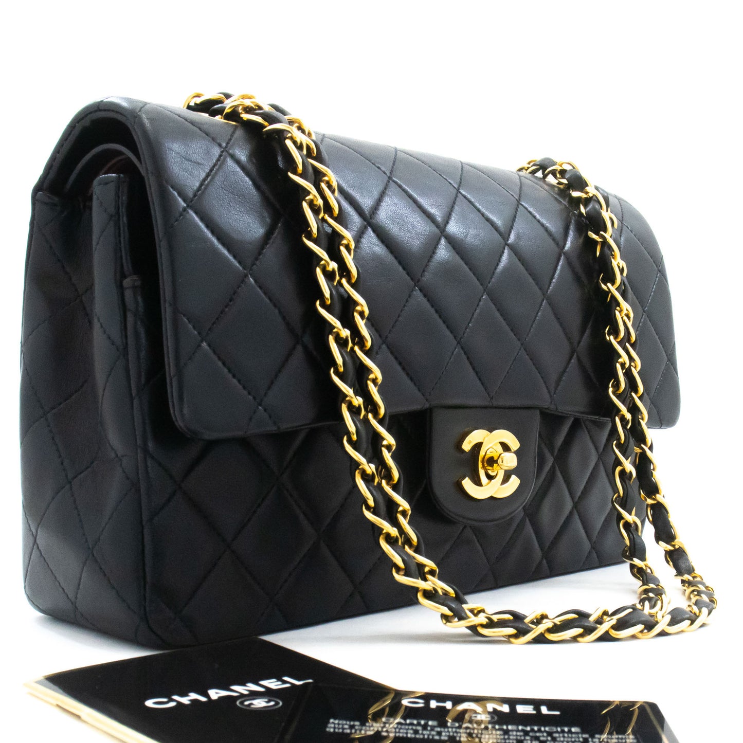 CHANEL Classic Double Flap 10" Chain Schultertasche Schwarz Lammleder aj8 hannari-shop