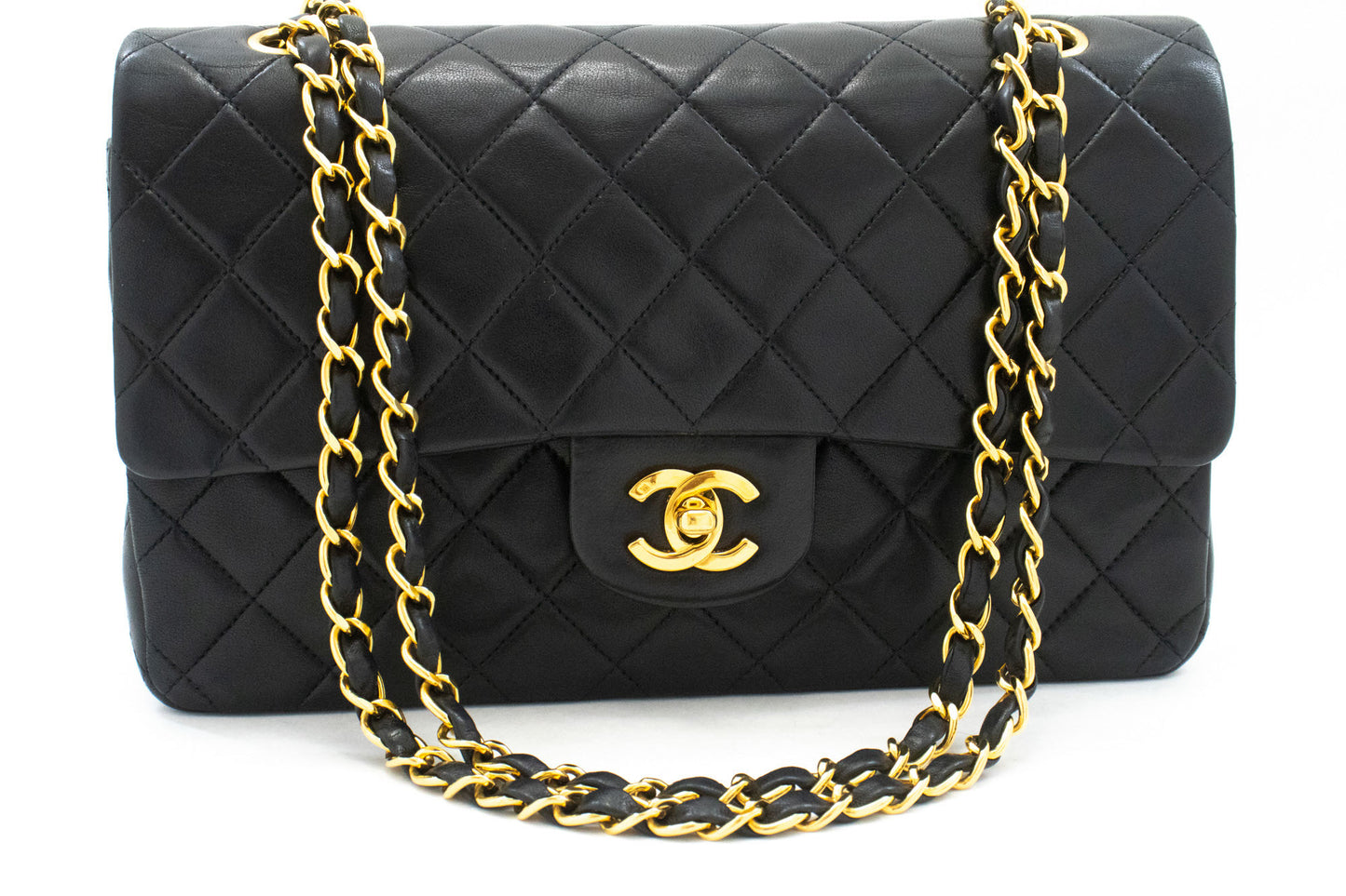 CHANEL Classic Double Flap 10" Chain Schultertasche Schwarz Lammleder aj8 hannari-shop