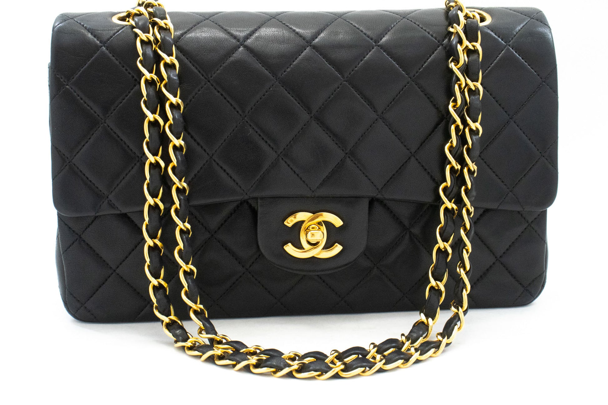 CHANEL Classic Double Flap 10" Chain Schultertasche Schwarz Lammleder aj8 hannari-shop