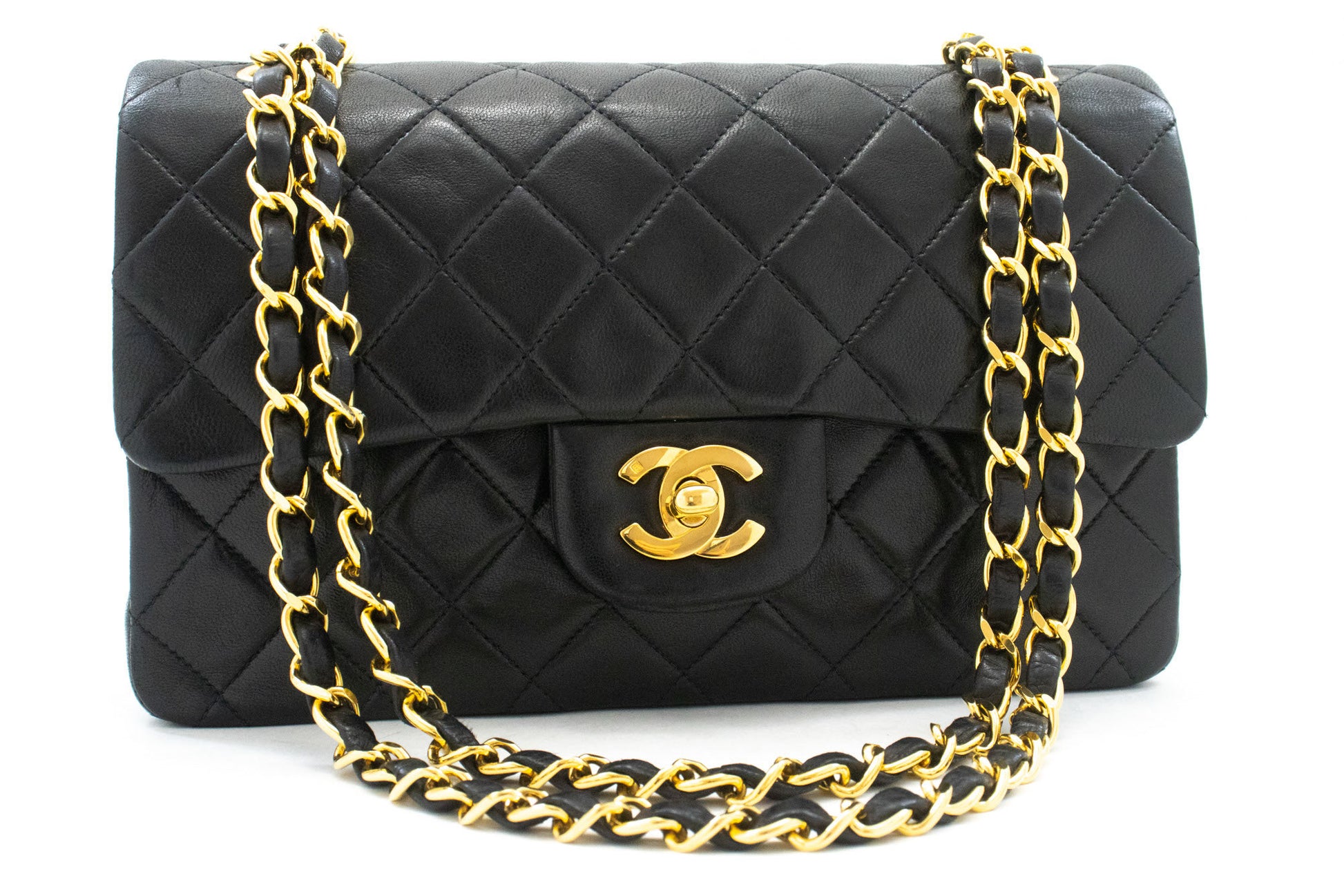 CHANEL Classic Double Flap 9" Chain Shoulder Bag Black Lambskin aj7 hannari-shop