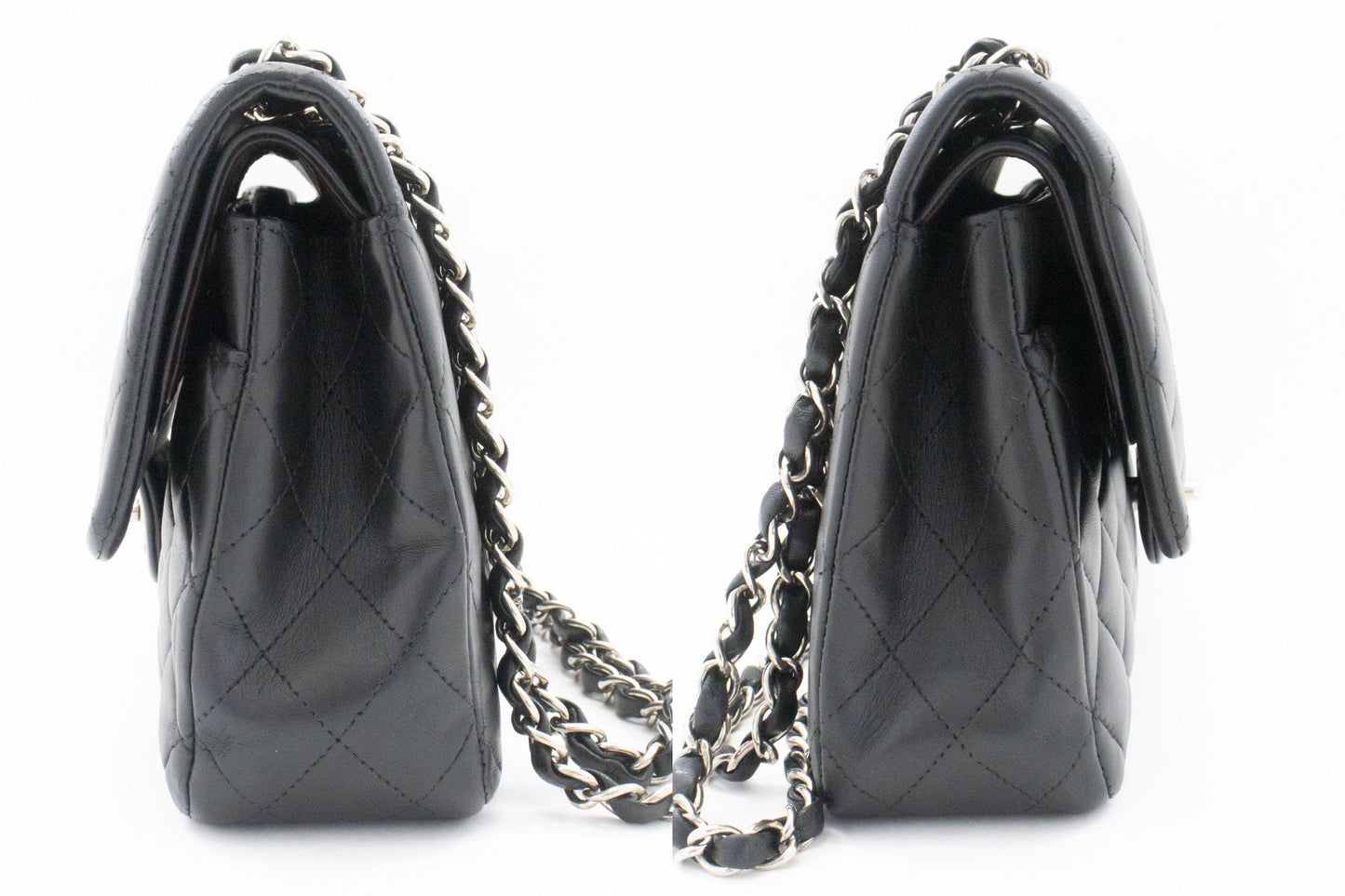 CHANEL Classic Double Flap 10" Schultertasche mit silberner Kette Schwarz ai1 hannari-shop
