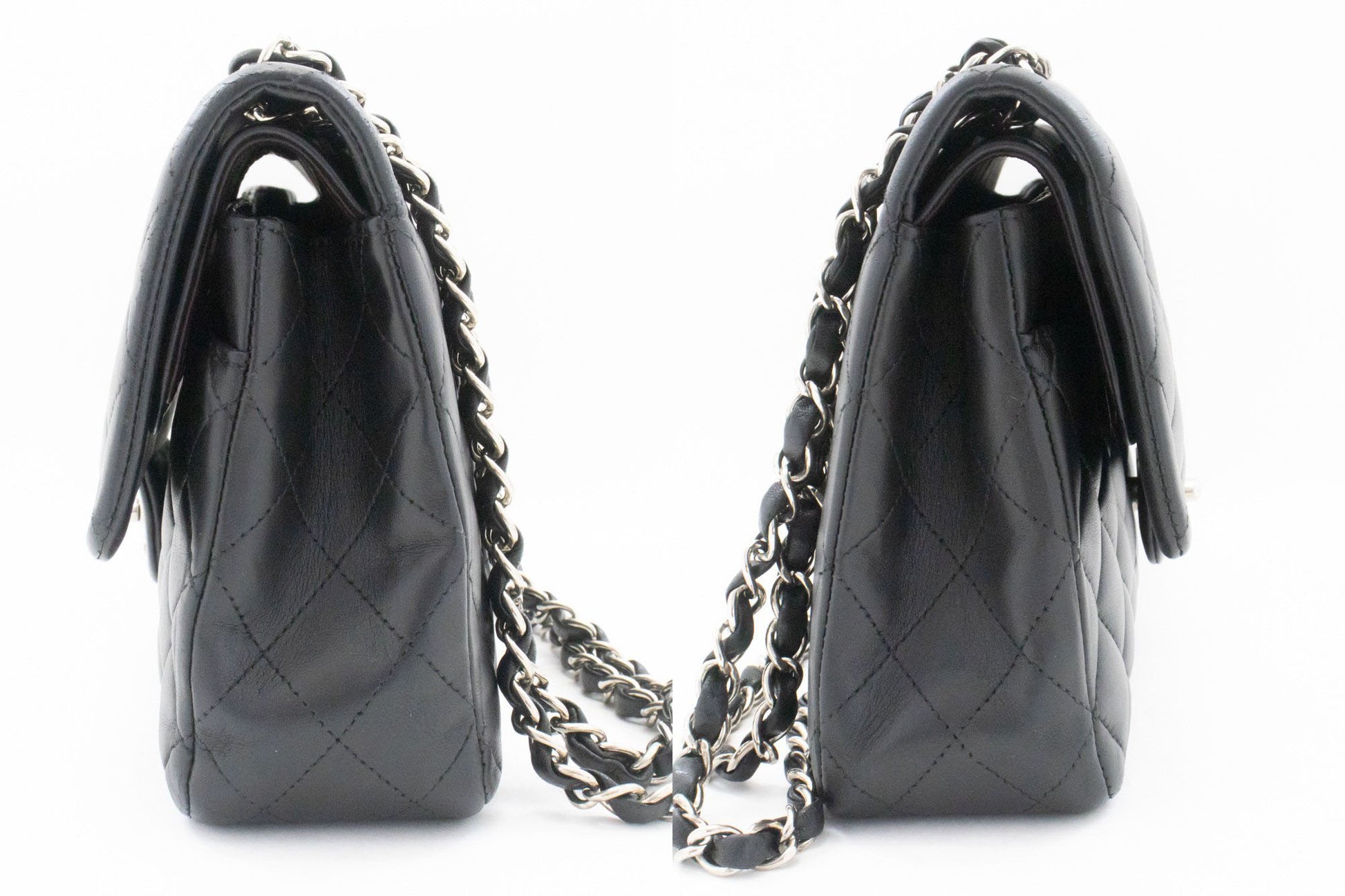 CHANEL Classic Double Flap 10" Schultertasche mit silberner Kette Schwarz ai1 hannari-shop