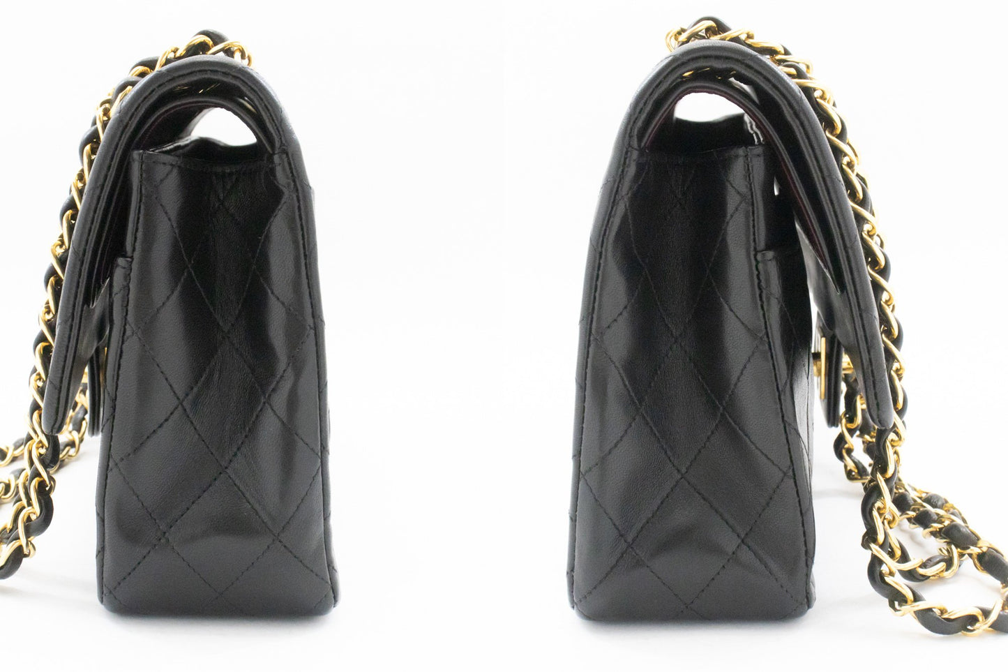 CHANEL Classic Double Flap 10" Ketten-Umhängetasche Schwarz Lammleder am1 hannari-shop