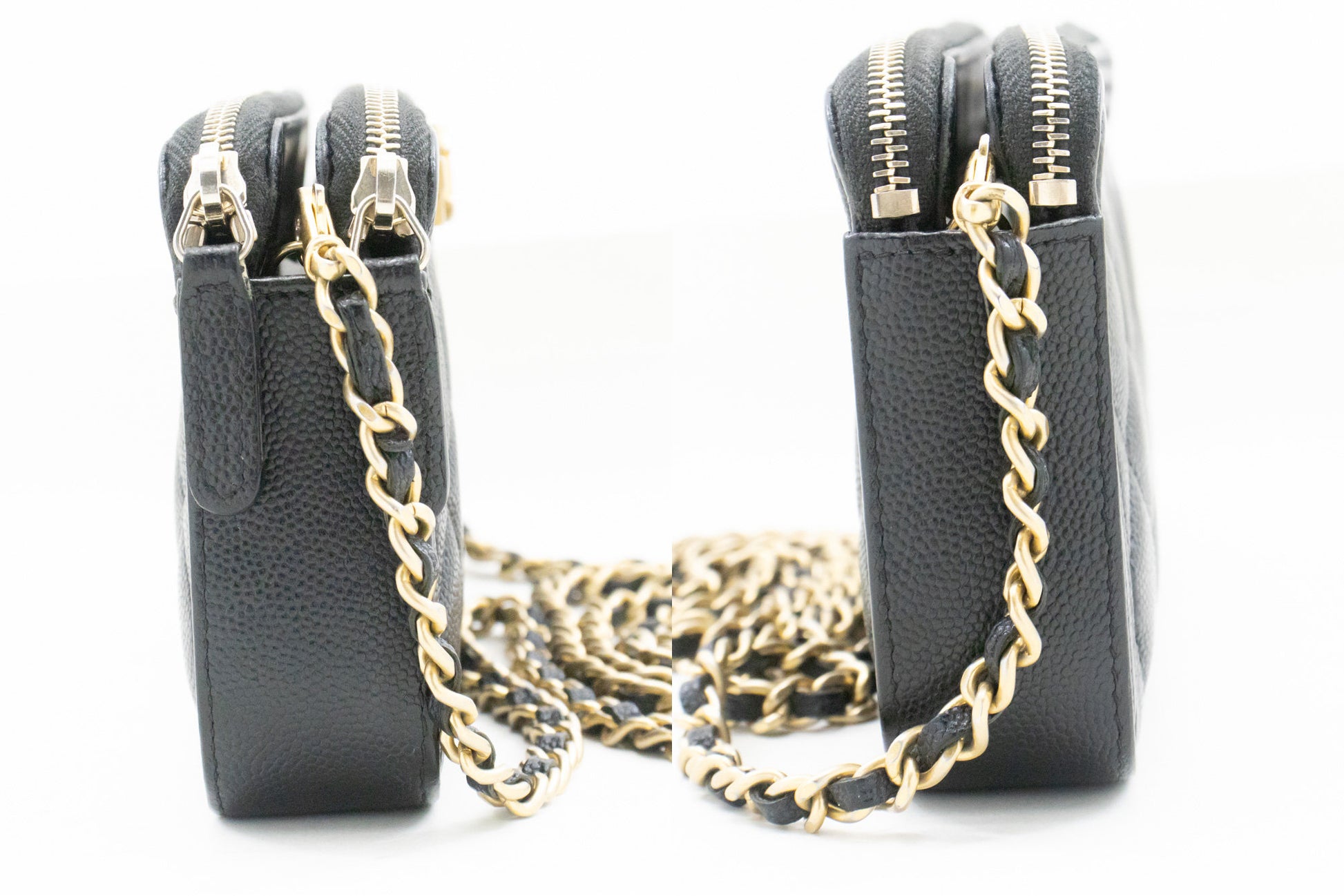 CHANEL Boy Black Caviar Geldbörse mit Kette WOC Doppelter Reißverschluss Schultertasche n35 hannari-shop