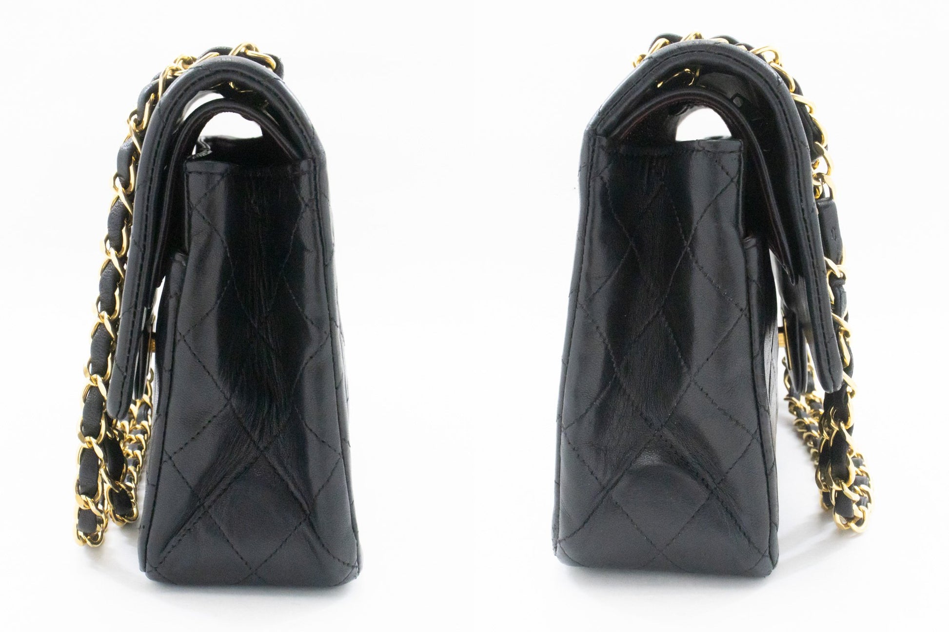 CHANEL Classic Double Flap 10" Kettenschultertasche aus schwarzem Lammleder am2 hannari-shop