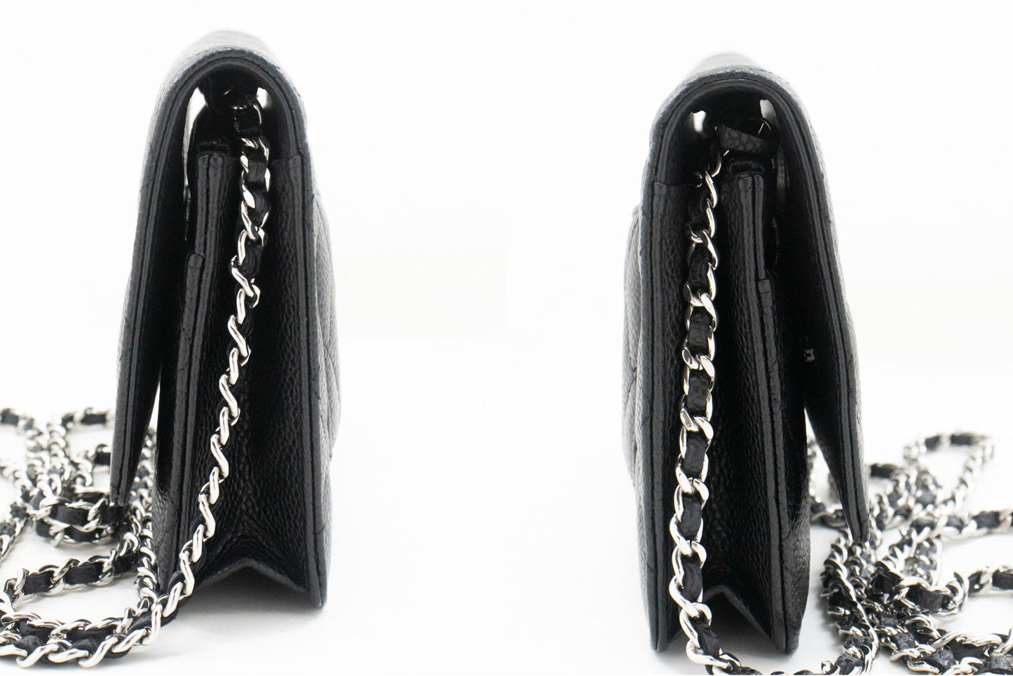 CHANEL Geldbörse mit Kette WOC aus genarbtem Kalbsleder, schwarze Schultertasche p60 hannari-shop