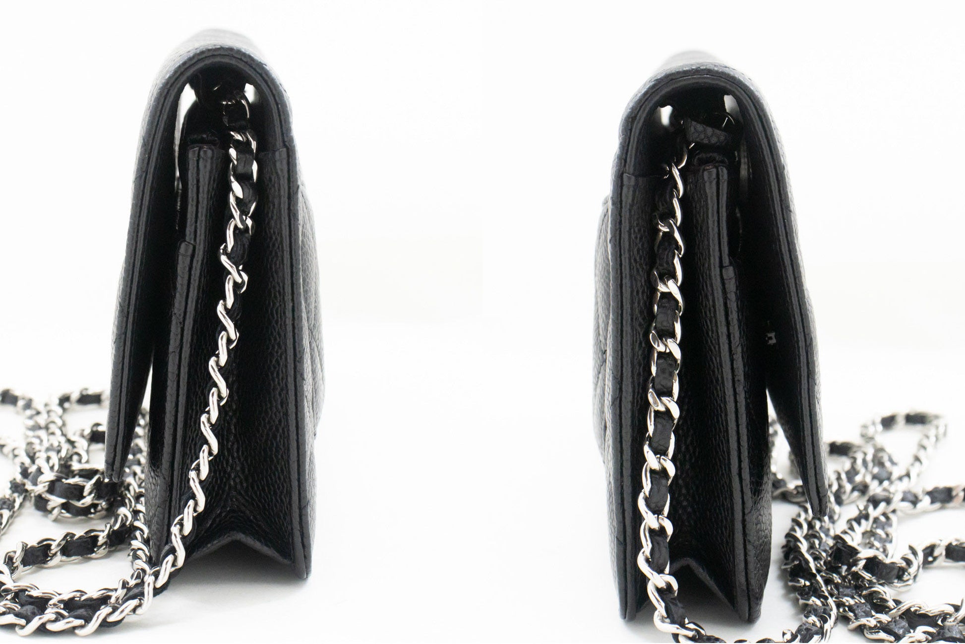 CHANEL Geldbörse mit Kette WOC aus genarbtem Kalbsleder, schwarze Schultertasche p60 hannari-shop