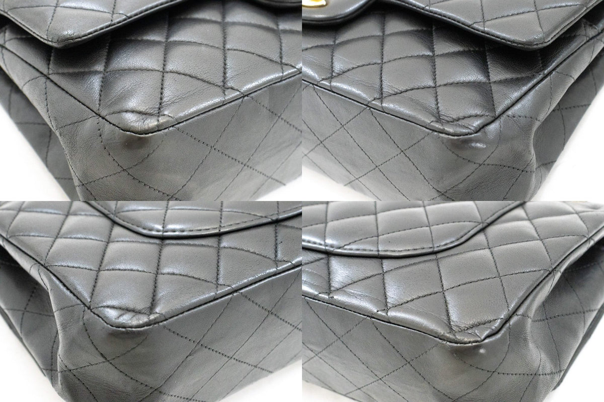 CHANEL Classic Double Flap 10" Chain Shoulder Bag Black Lambskin aq1 — Ecken hannari-shop