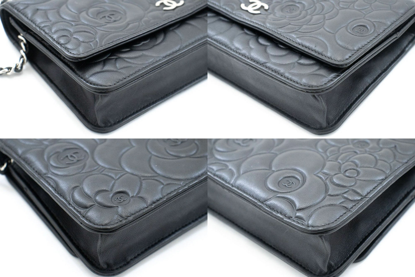 CHANEL Schwarze Camellia Prägung Geldbörse mit Kette WOC Schultertasche ab6 hannari-shop
