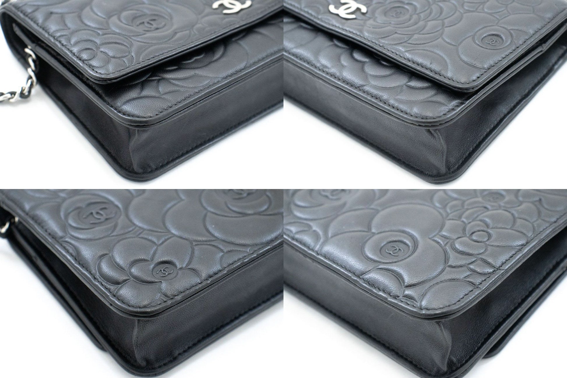 CHANEL Schwarze Camellia Prägung Geldbörse mit Kette WOC Schultertasche ab6 hannari-shop