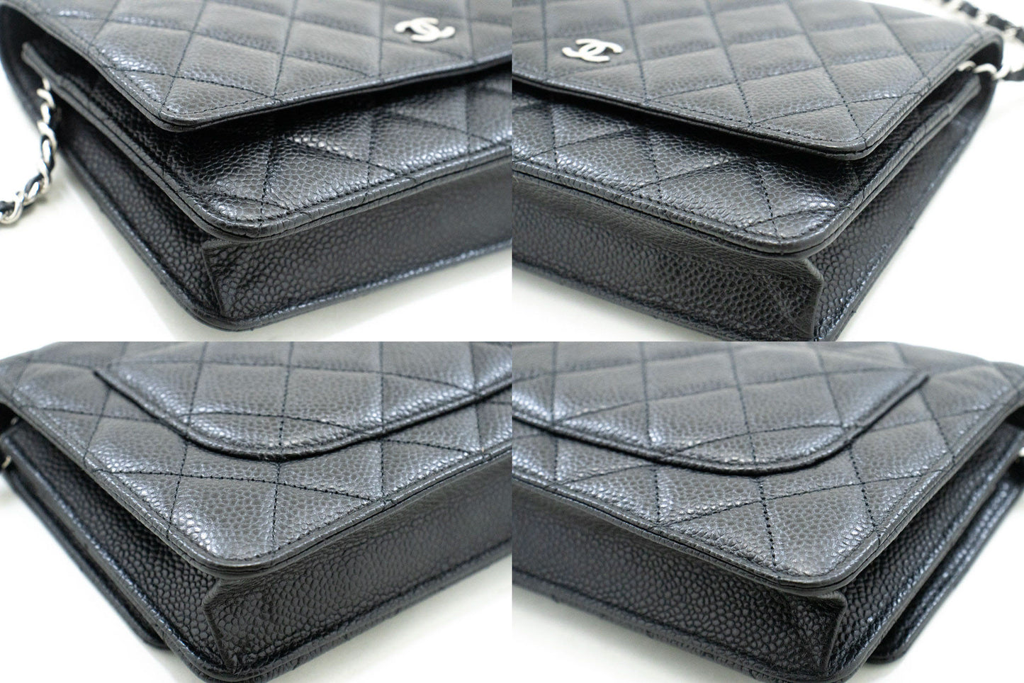 CHANEL Geldbörse mit Kette WOC aus genarbtem Kalbsleder, schwarze Schultertasche p60 hannari-shop