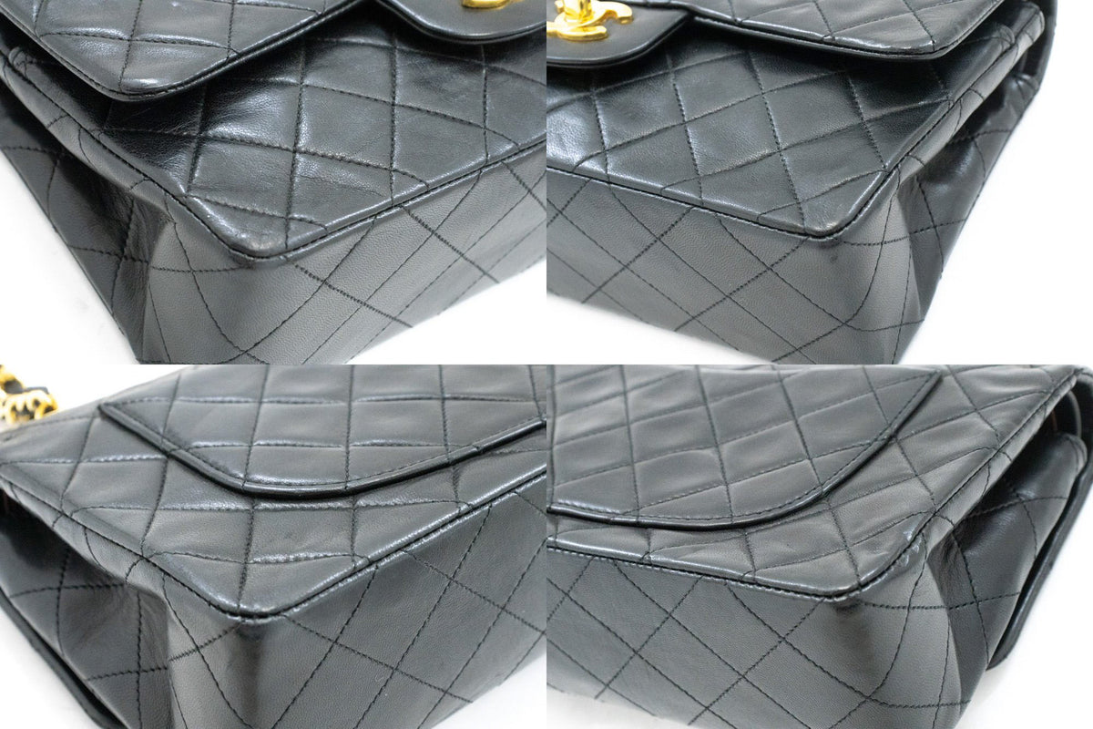 CHANEL Classic Double Flap 9" Chain Shoulder Bag Schwarzes Lammleder ap2 — Ecken hannari-shop