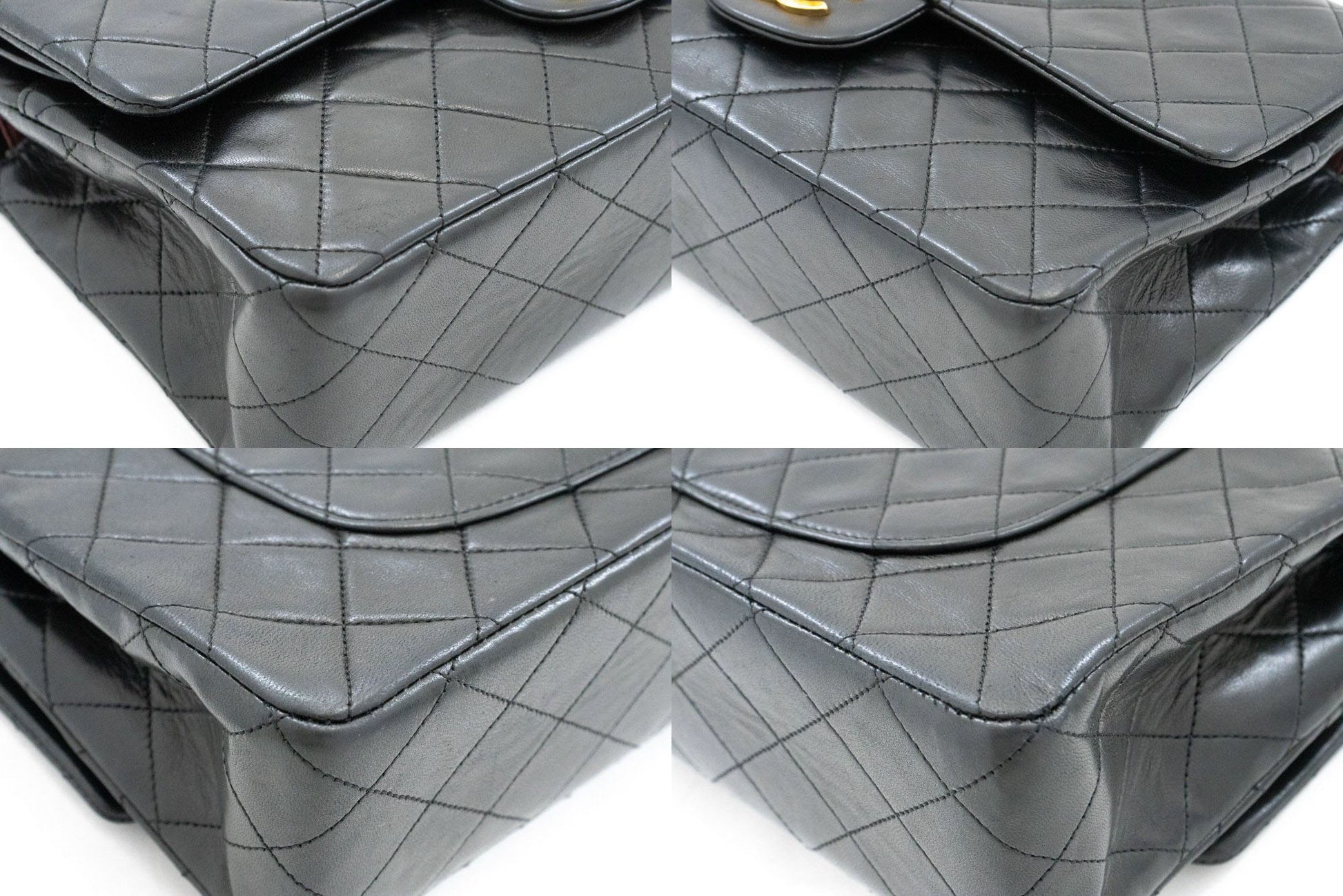 CHANEL Classic Double Flap 10" Kettenschultertasche Schwarz Lammleder ak3 hannari-shop