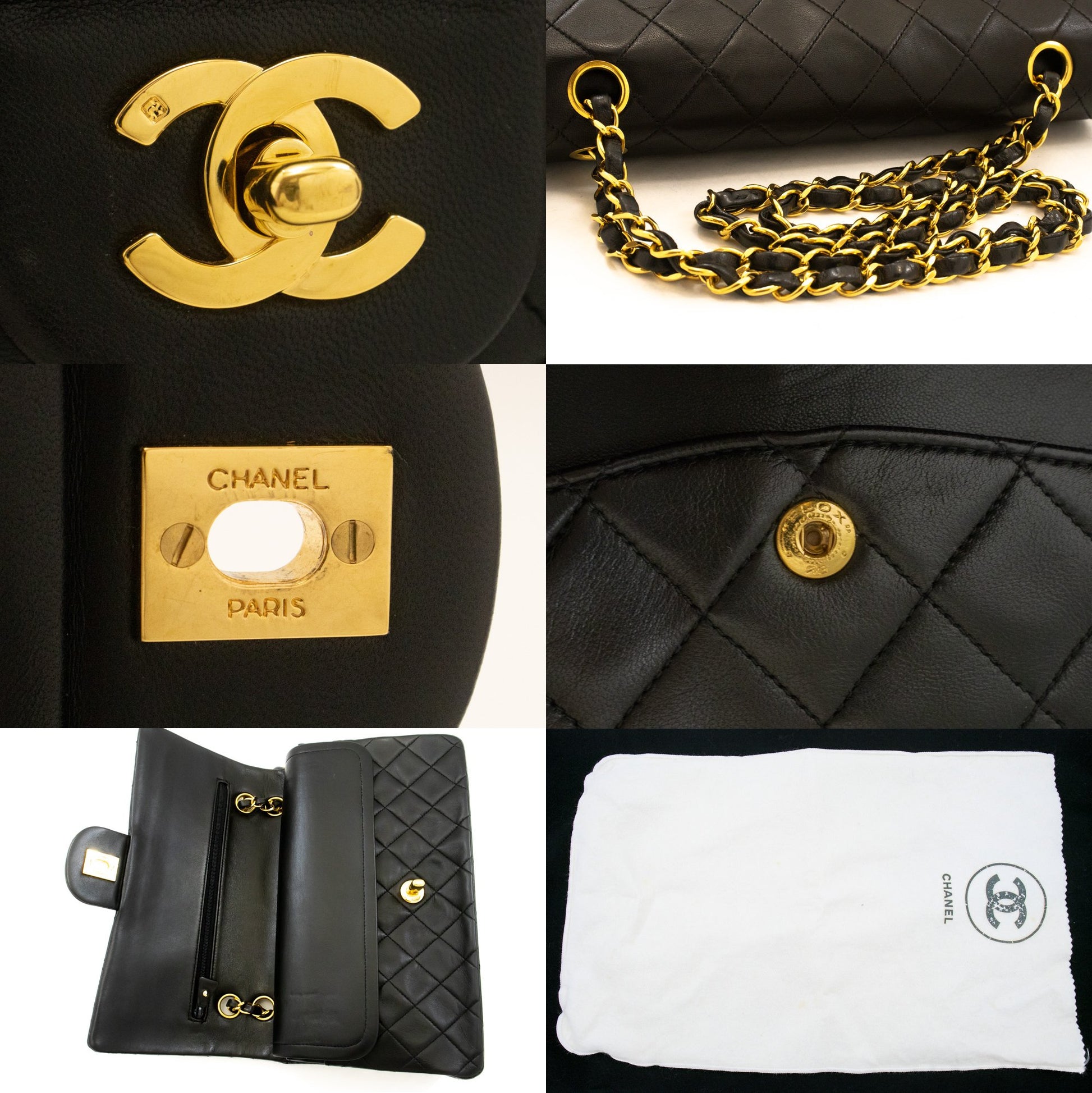 CHANEL Classic Double Flap 10" Ketten-Umhängetasche Schwarz Lammleder am1 hannari-shop