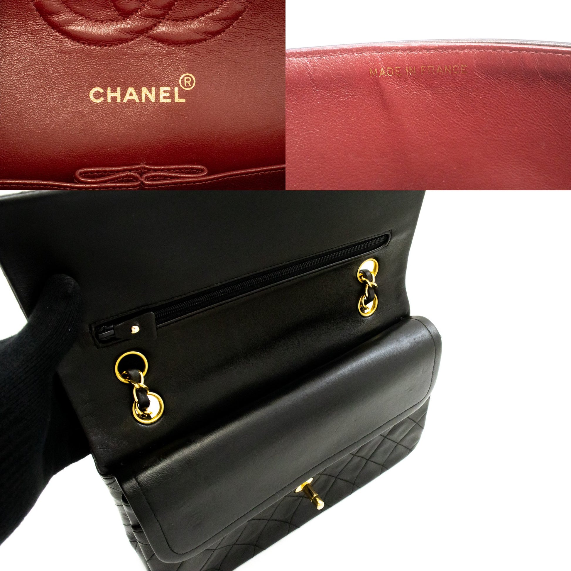 CHANEL Classic Double Flap 10" Ketten-Umhängetasche Schwarz Lammleder am1 hannari-shop