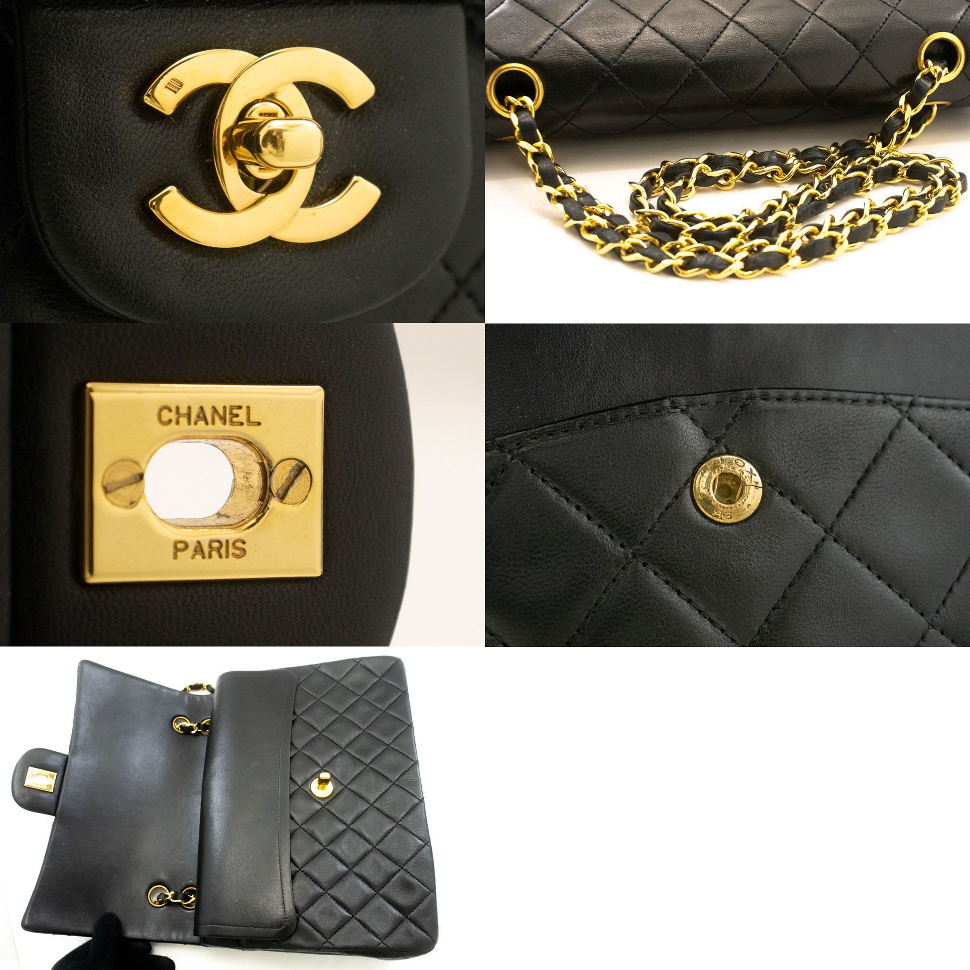 CHANEL Classic Double Flap Square Chain Schultertasche Schwarz Lamm ad7 hannari-shop