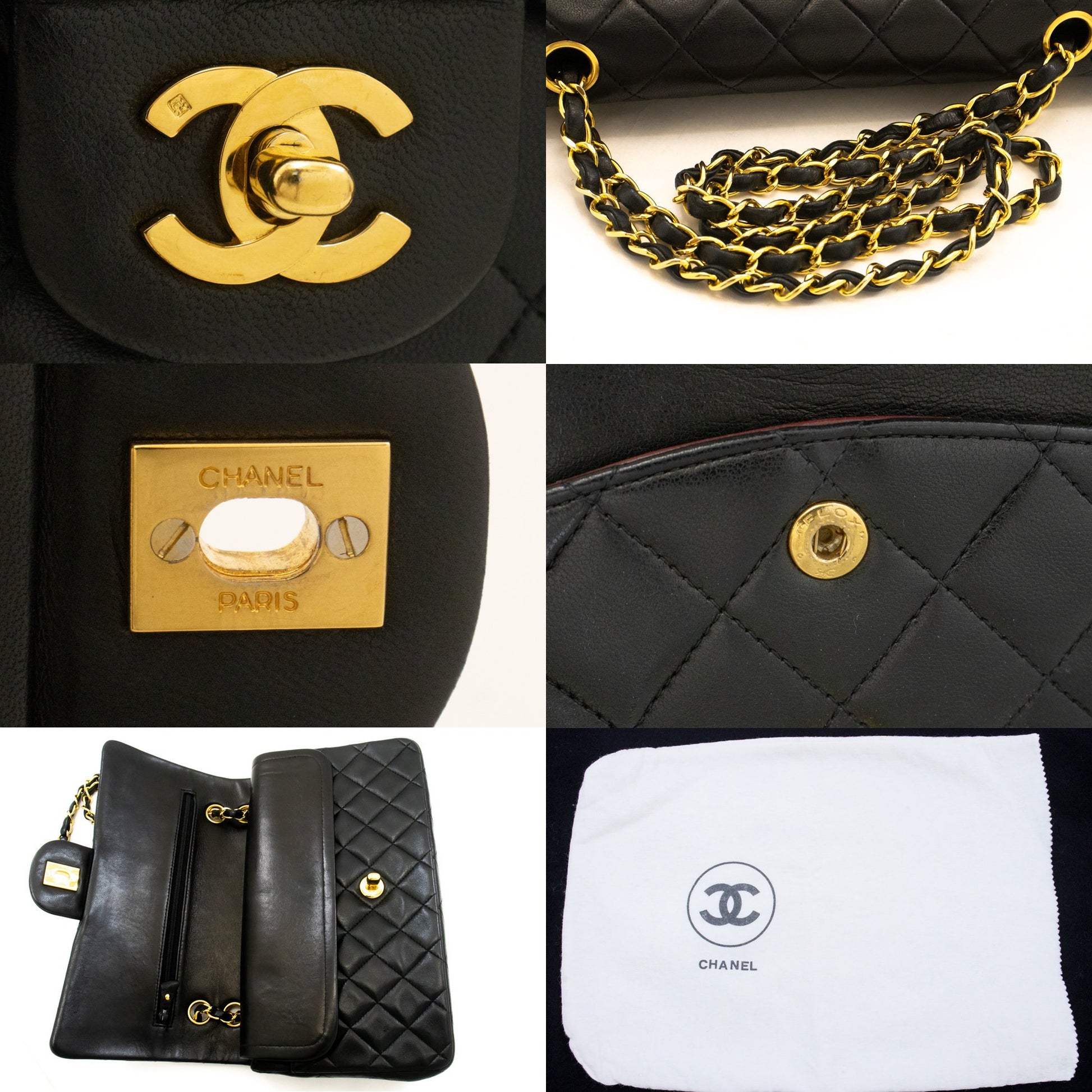 CHANEL Classic Double Flap 10" Kettenschultertasche aus schwarzem Lammleder am3 hannari-shop