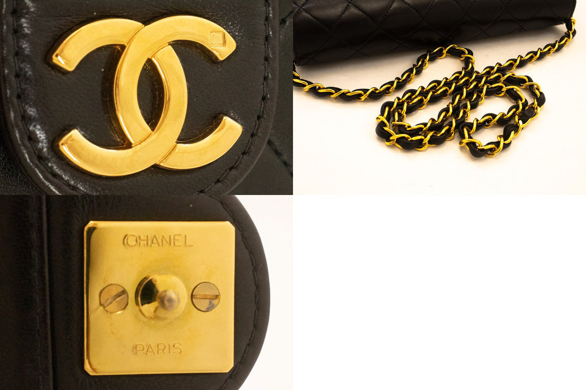 CHANEL Kleine Ketten-Umhängetasche Clutch Schwarz Steppung Überschlag Lammleder ao8 — Beschläge hannari-shop