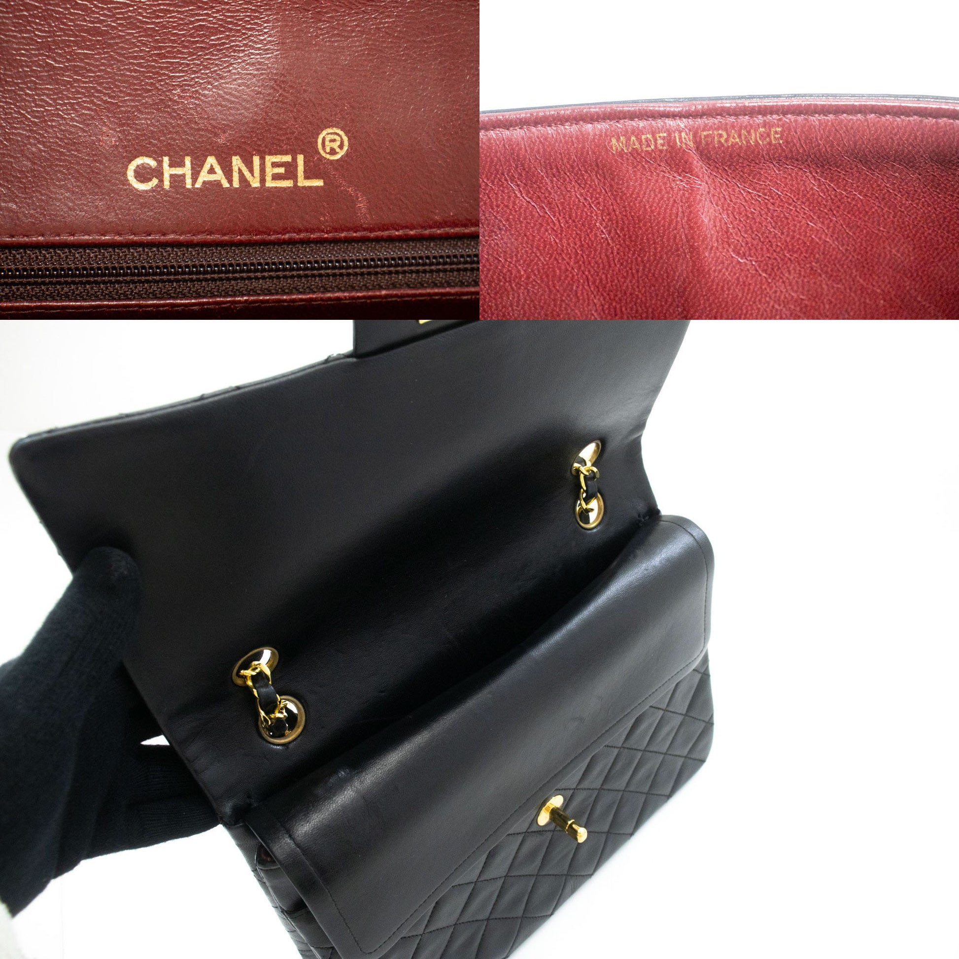 CHANEL Classic Double Flap Square Chain Schultertasche Schwarz Lamm ad7 hannari-shop