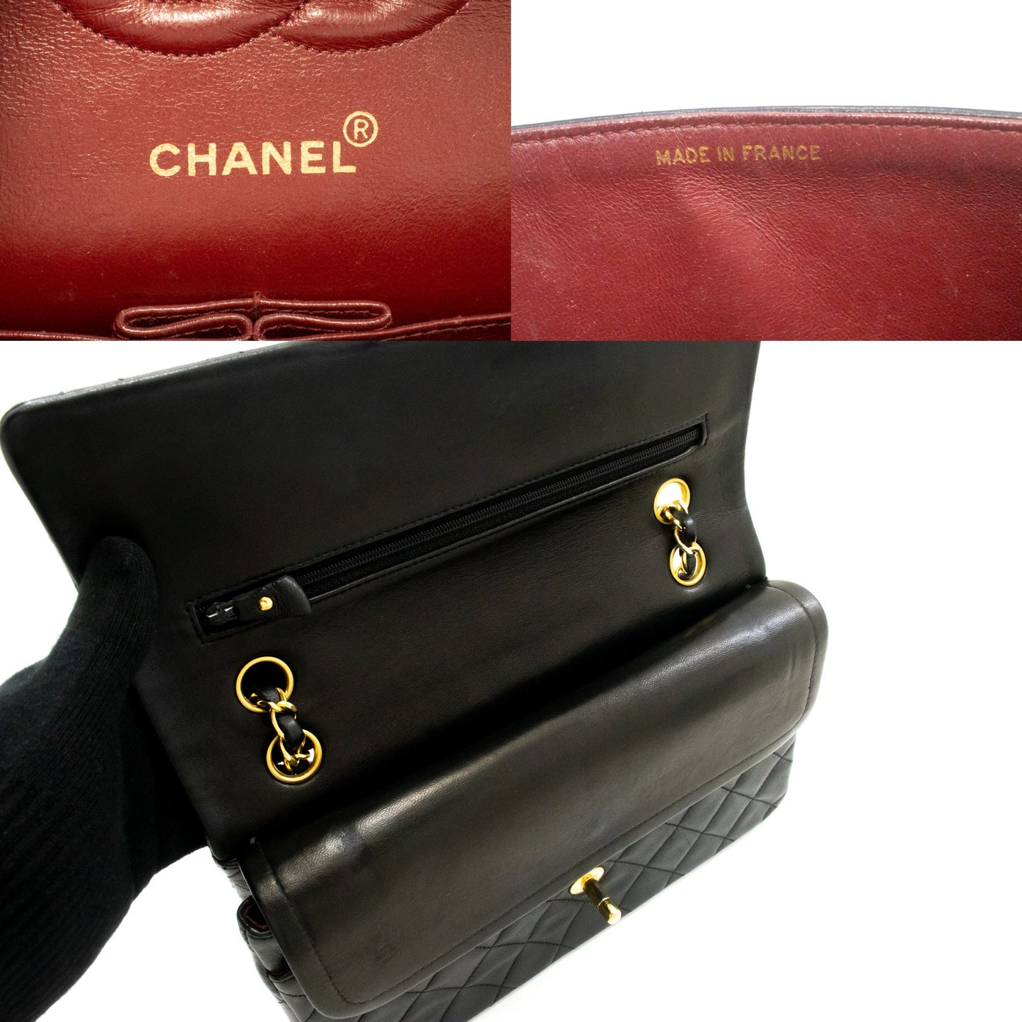 CHANEL Classic Double Flap 10" Kettenschultertasche aus schwarzem Lammleder am3 hannari-shop