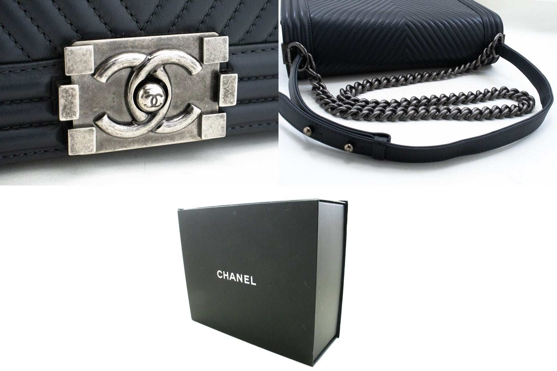 CHANEL Boy Dunkelgraue V-Steppkette Schultertasche Gestepptes Klappfach n41 hannari-shop
