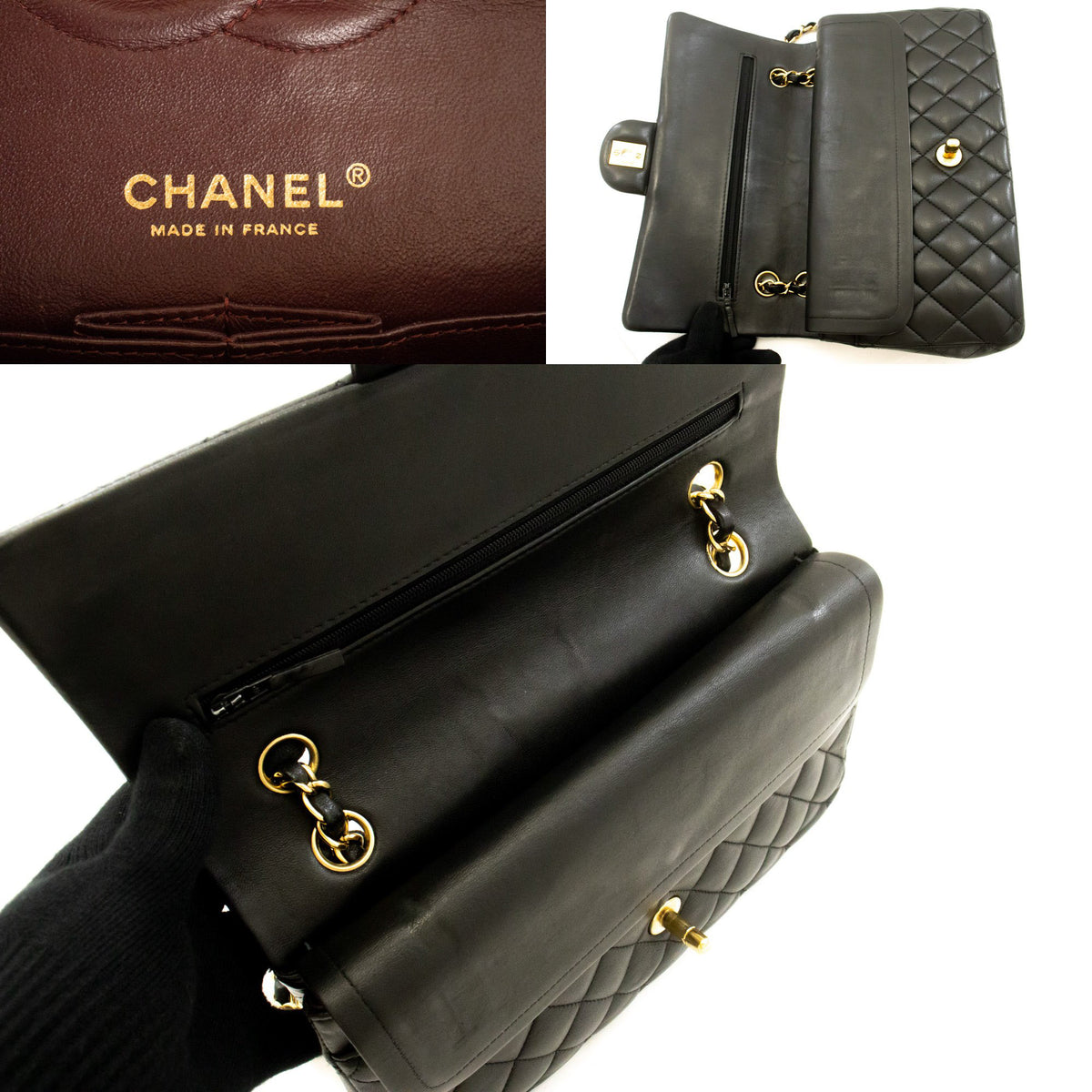 CHANEL Classic Double Flap 10" Chain Shoulder Bag Black Lambskin aq1 — CHANEL-Logo im Inneren hannari-shop