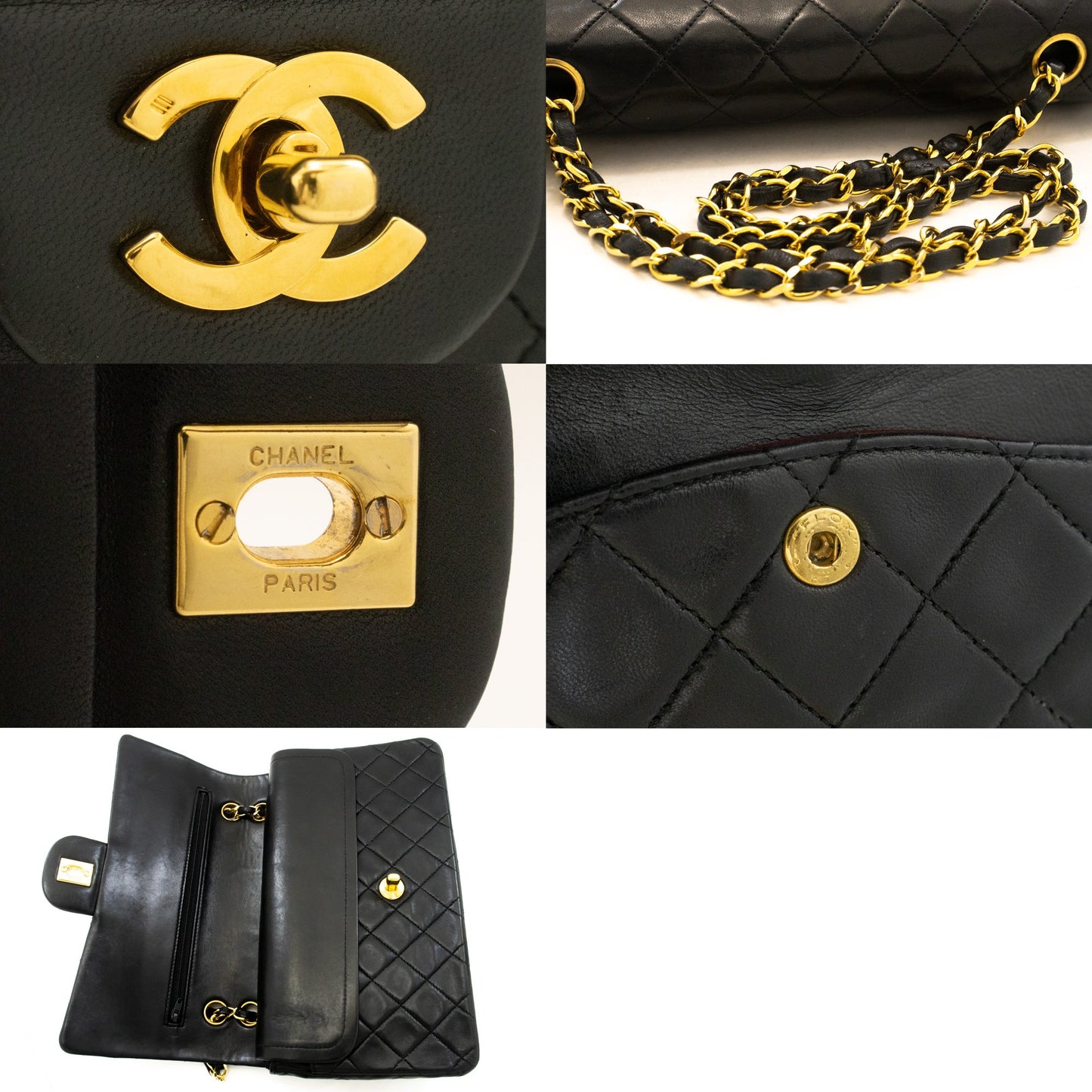 CHANEL Classic Double Flap 10" Kettenschultertasche aus schwarzem Lammleder am2 hannari-shop