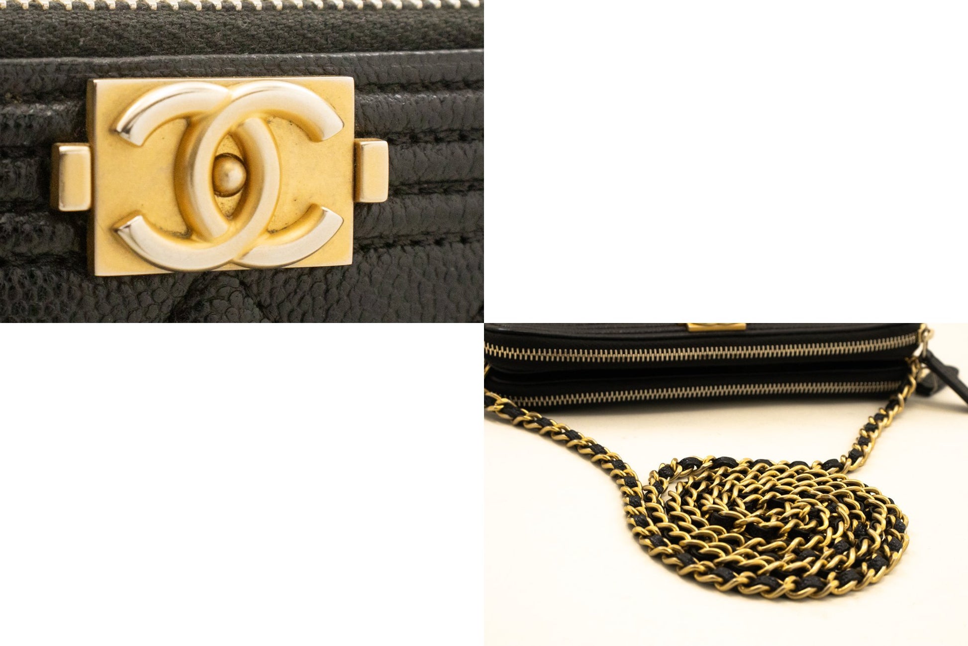 CHANEL Boy Black Caviar Geldbörse mit Kette WOC Doppelter Reißverschluss Schultertasche n35 hannari-shop