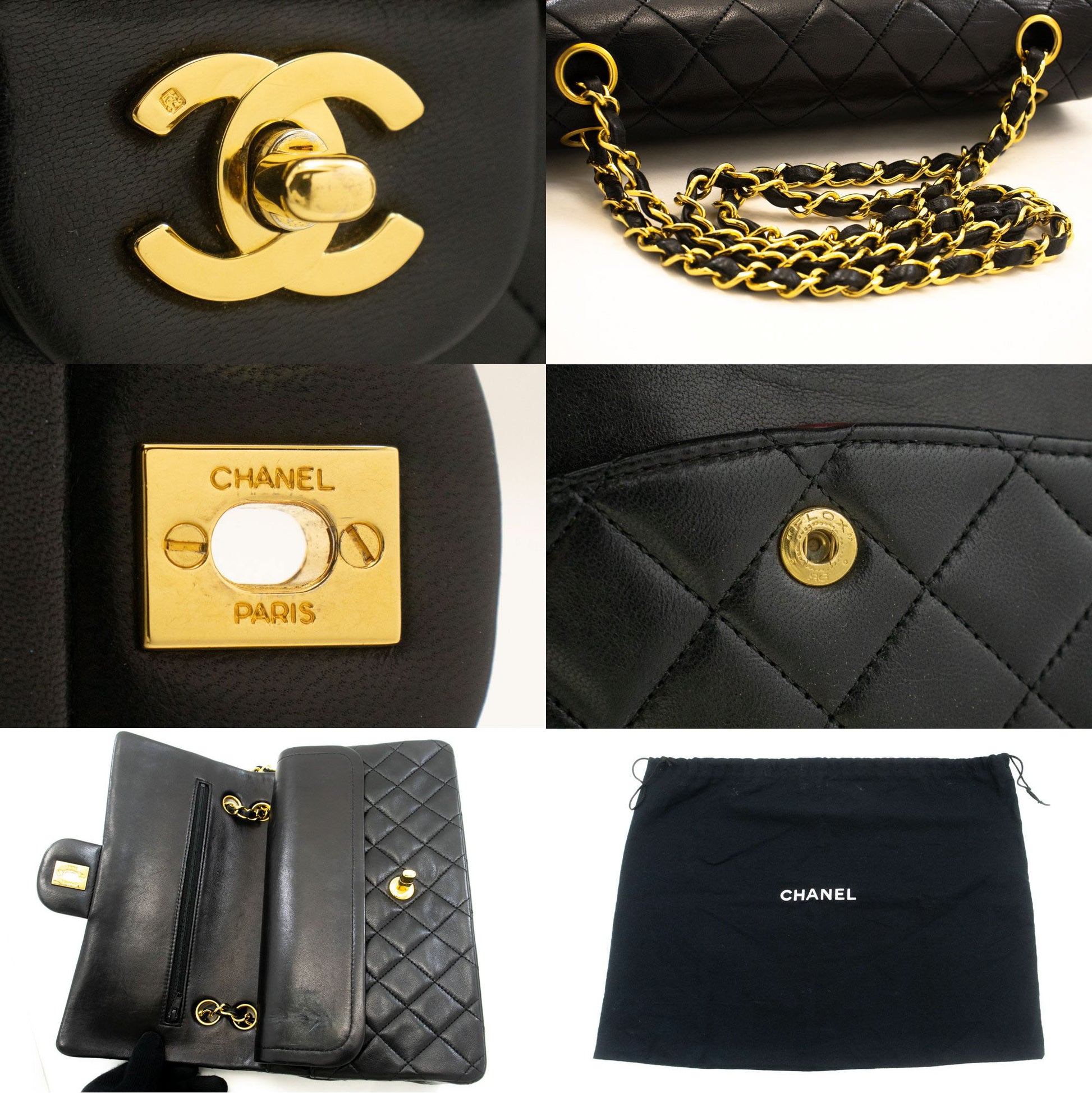 CHANEL Classic Double Flap 10" Kettenschultertasche Schwarz Lammleder ad8 hannari-shop